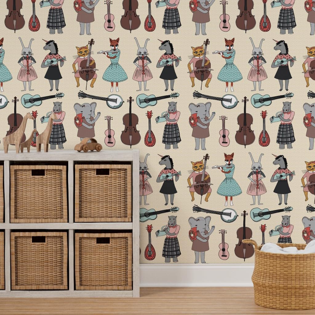12ft x 2ft Peel and Stick Removable Wallpaper - Animal Band Music Instrument Nursery Decor | Custom Baby Room Wallpaper by Spoonflower | Perfect for Kids' Bedrooms, Playrooms & Nursery Walls