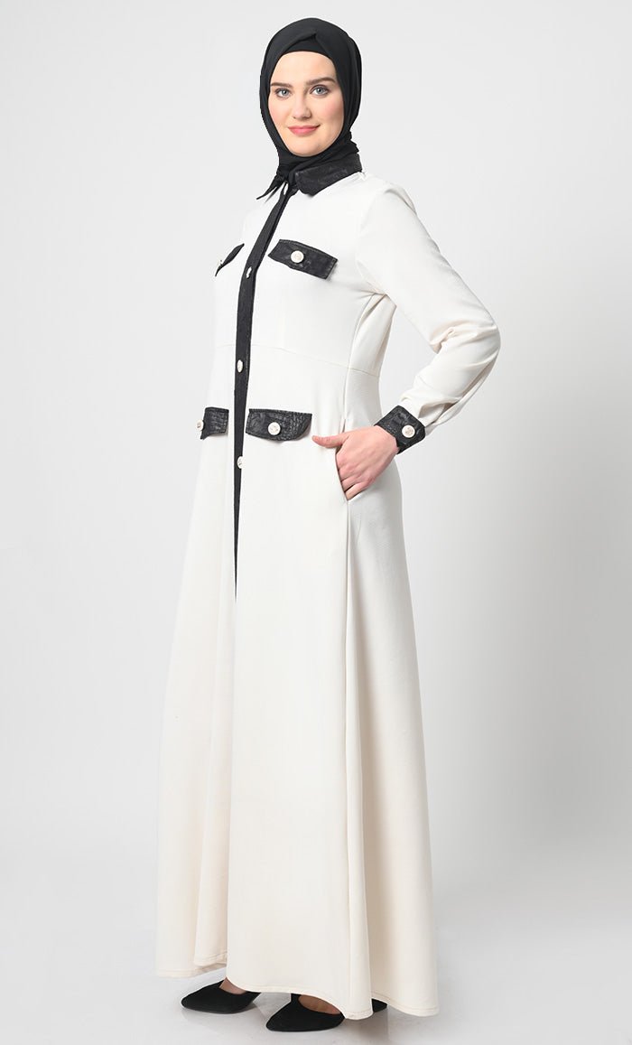 Elegant Button Front Abaya Dress - Soft Ponte Roma Fabric, Flattering A-Line Cut, Full Long Sleeves with Functional Flap Pockets | Perfect for Muslim Women Prayer, Mosque Visits and Modest Fashion Occasions