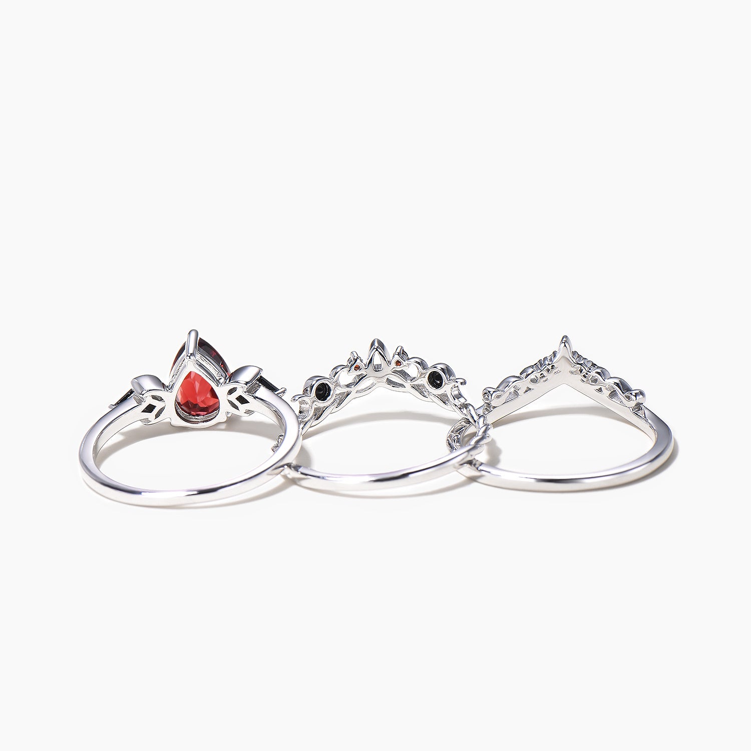 3Pcs Pear Cut Garnet Moon Engagement Ring with Black Spinel Celtic Knot Bridal Set for Wedding, Anniversary & Romantic Proposal Gifts