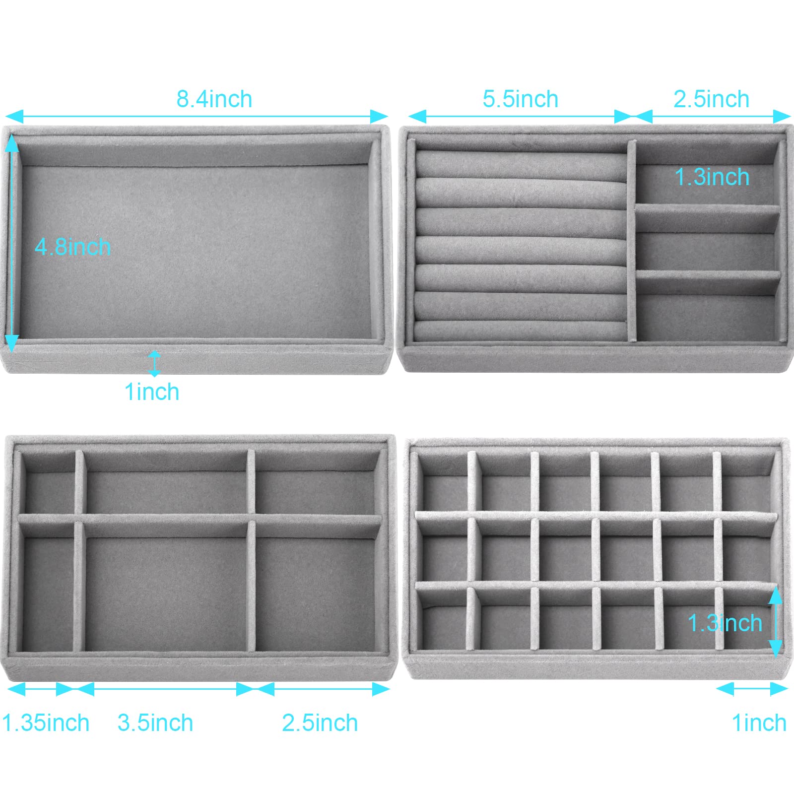4-Piece Stackable Velvet Jewelry Organizer Trays with Thickened Removable Dividers - Drawer Inserts for Rings, Earrings & Necklaces - Perfect for Dresser, Vanity & Closet Storage Organization