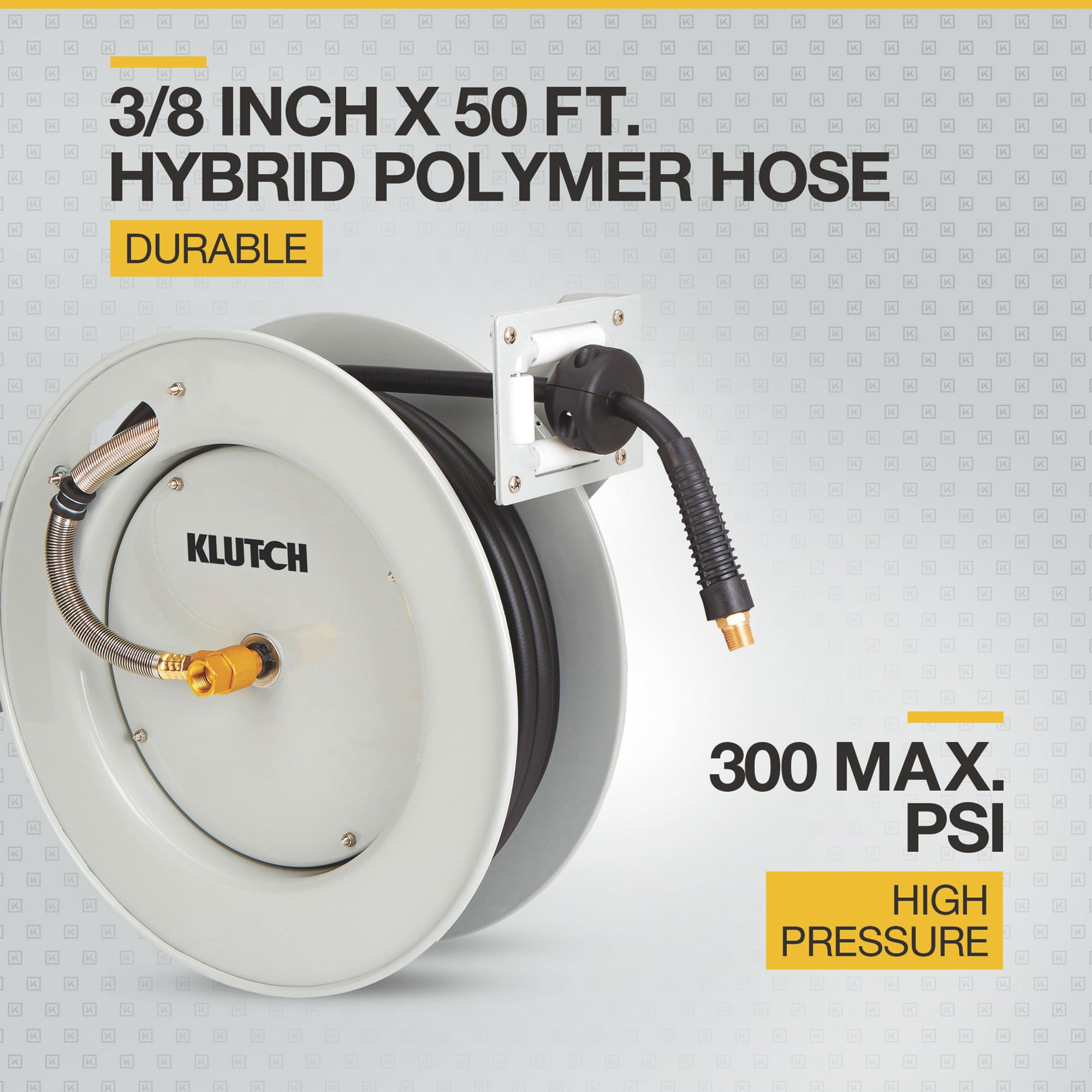 Klutch Auto Rewind Air Hose Reel with 3/8in. x 50ft. Hybrid Polymer Hose - 300 Max PSI - Heavy Duty Retractable Air Compressor Hose Reel for Garage, Workshop & Automotive Use