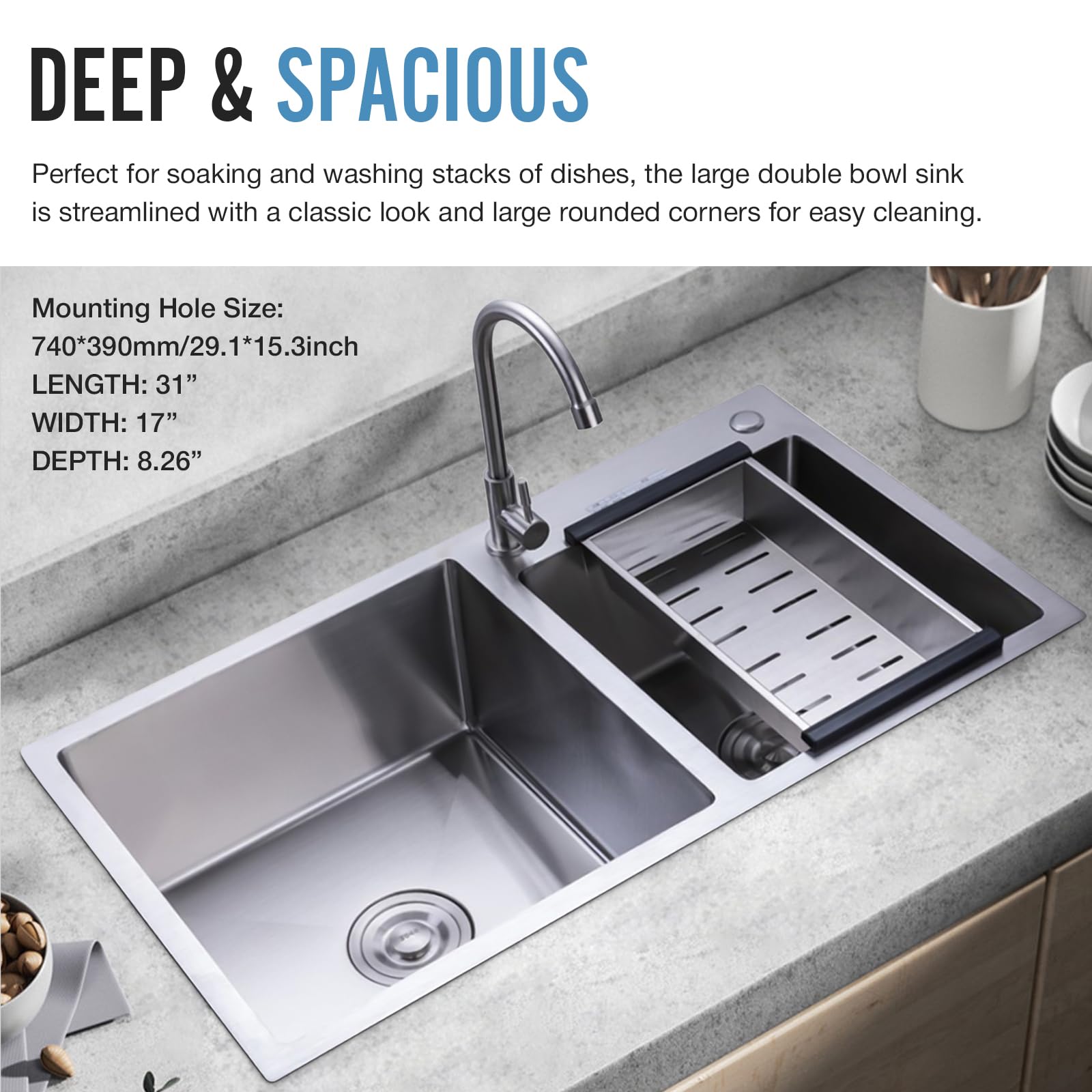 30 Inch Double Bowl Drop-in/Topmount Stainless Steel Kitchen Sink with Nano Coating & Accessories (Silver) - Perfect for Modern Kitchens, Restaurant Prep, and Heavy-Duty Home Use