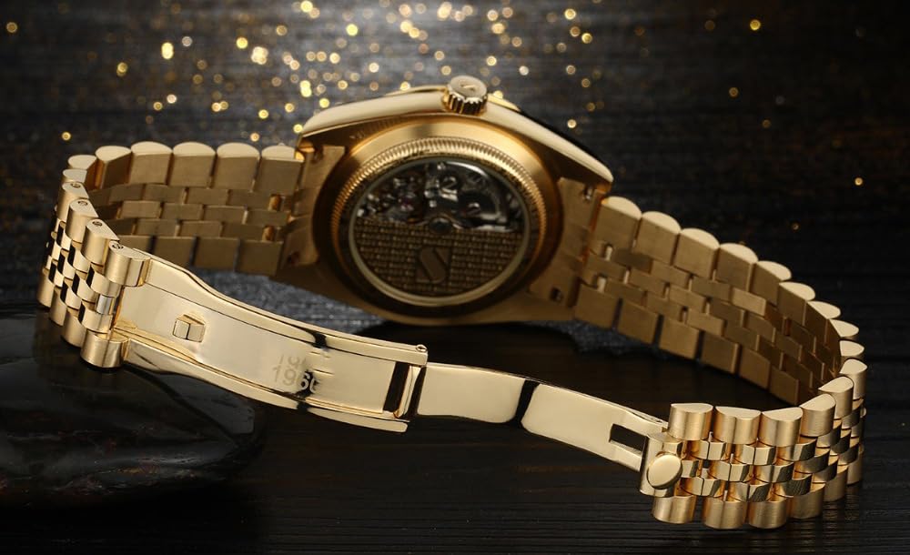 Premium Automatic Men's Watch - Gold Stainless Steel Strap with Calendar & Waterproof - Luxury Mechanical Watch for Business, Formal Events & Daily Wear