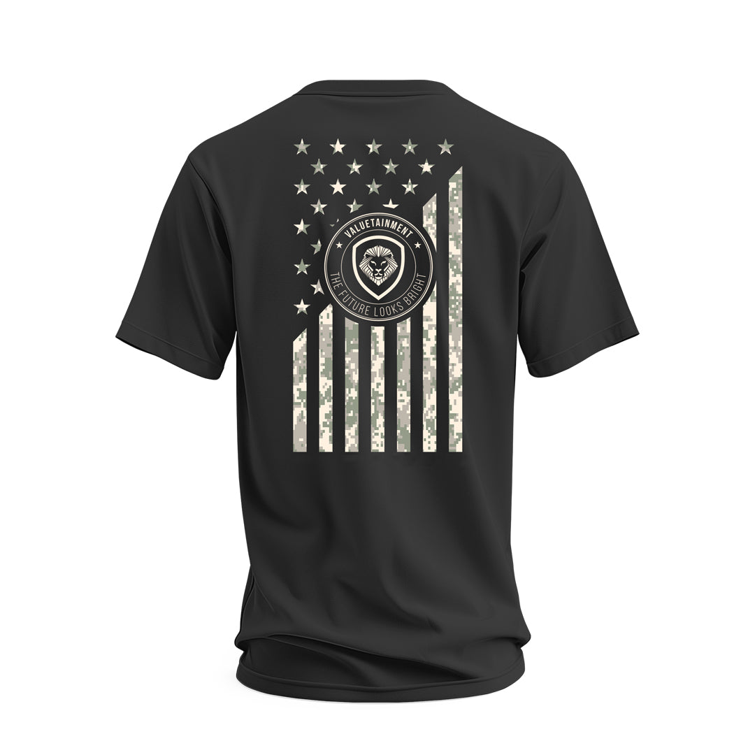 Future Looks Bright Black Valuetainment Lion Shield Flag Short Sleeve T-Shirt - Motivational Workout & Gym Apparel for Men