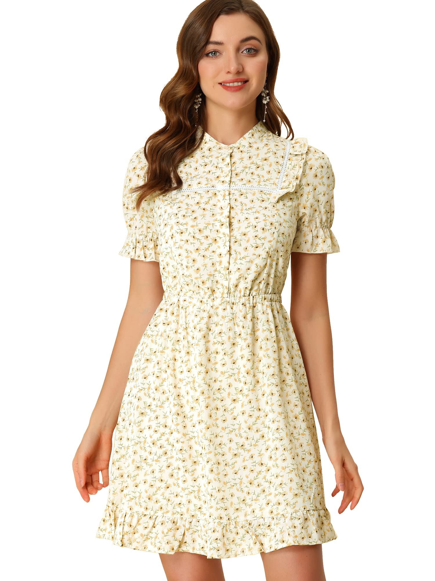 Allegra K Women's Ditsy Floral Print Button Front Dress with Elastic Waist & Ruffle Hem - Perfect for Spring Outfits, Garden Parties & Casual Summer Wear