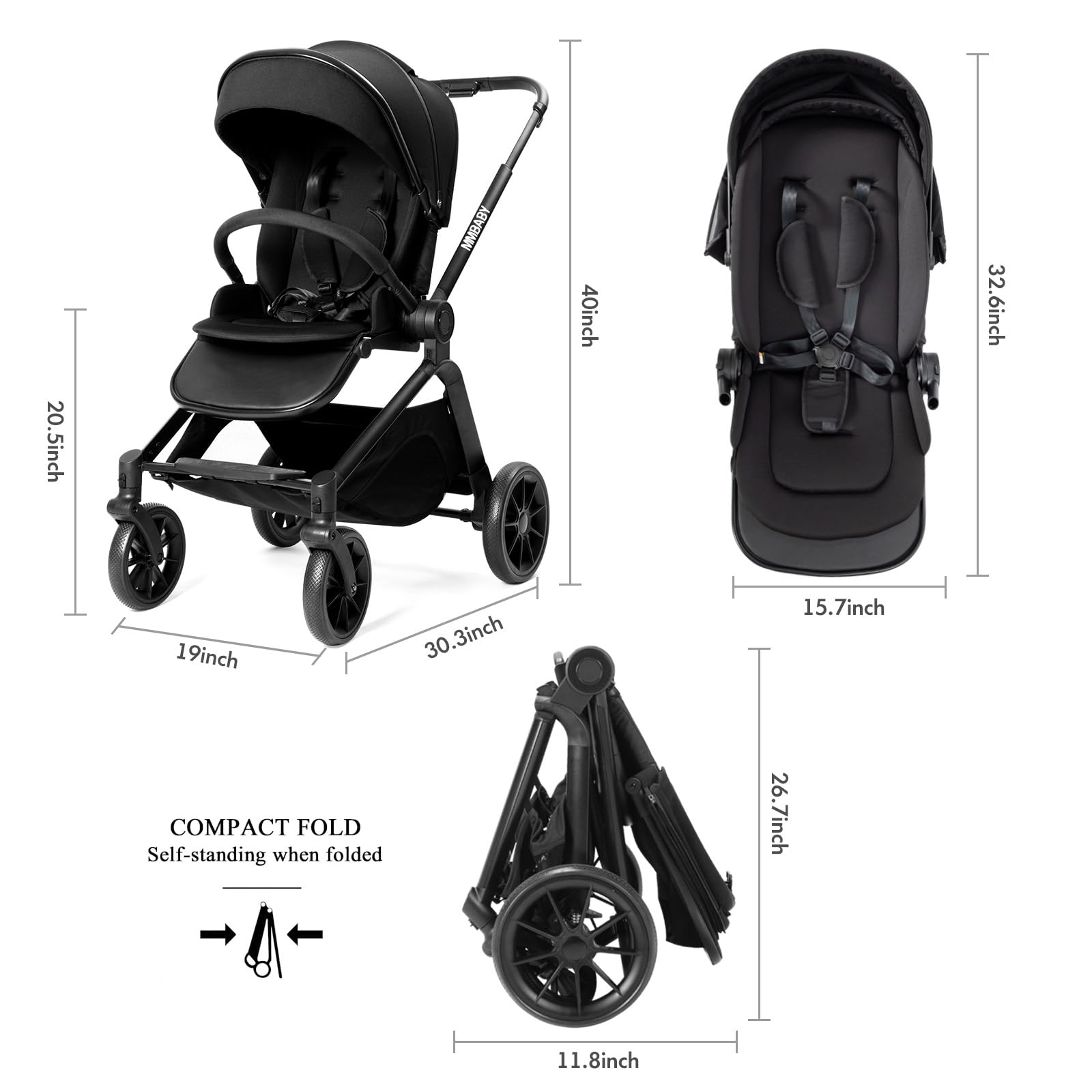 2 in 1 Convertible Baby Stroller with Reversible Bassinet | Foldable Newborn Pushchair with Adjustable Canopy | High Landscape Infant Carriage in Black | Perfect for City Walks, Shopping & Travel