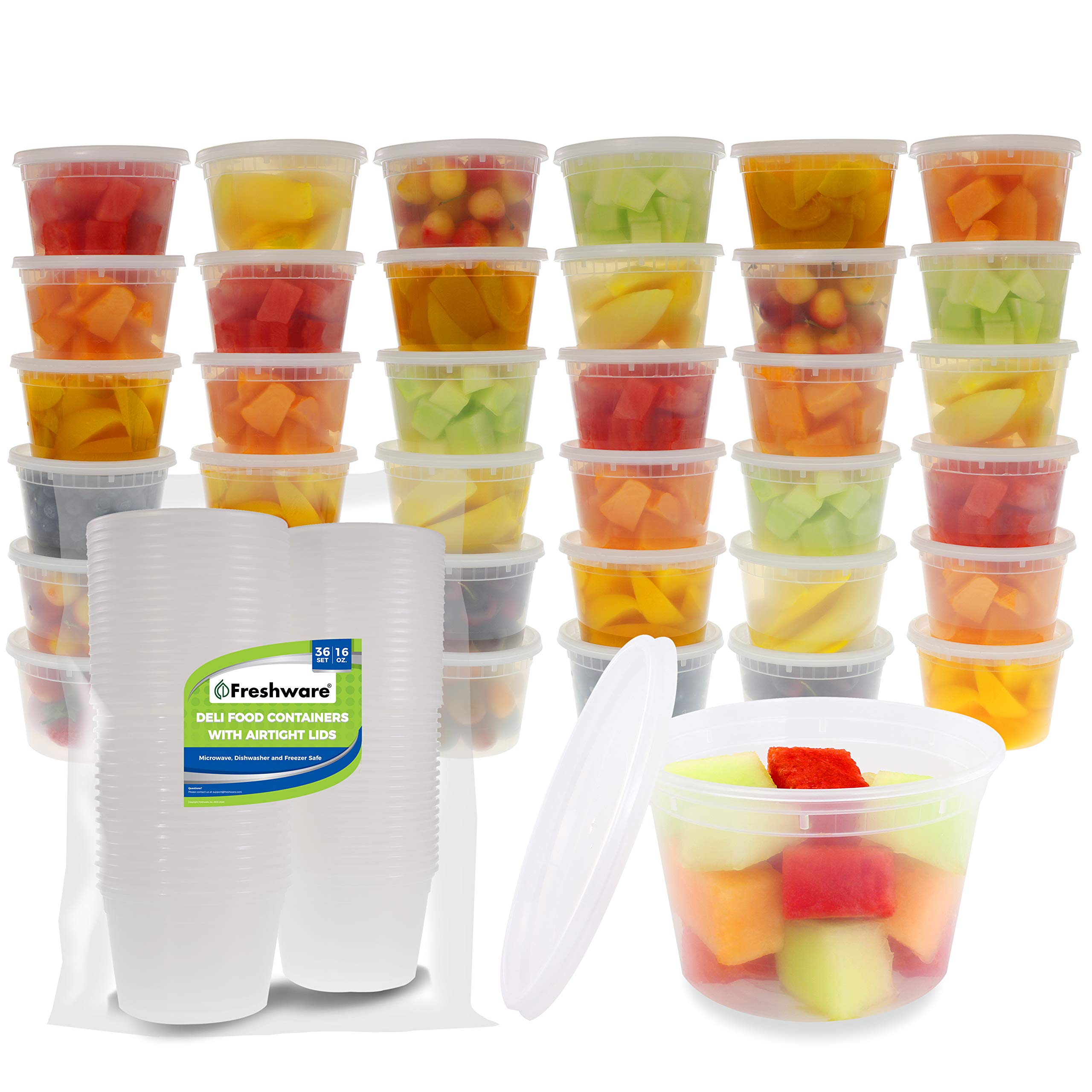 Freshware 86-Piece BPA-Free Plastic Food Storage Containers Set - 50 x 8oz & 36 x 16oz Leakproof Deli Containers with Lids - Microwave & Dishwasher Safe for Meal Prep, Leftovers & Restaurant Takeout