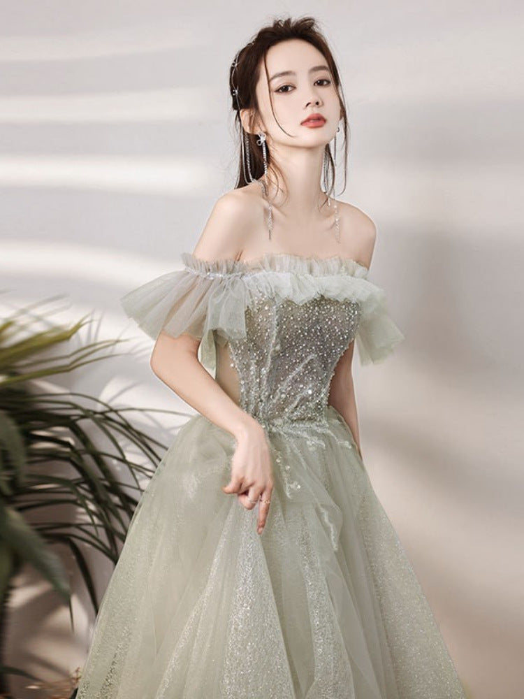 Elegant Beaded Green Tulle Long Prom Dress Off Shoulder Evening Gown for Women - Perfect for Formal Dances, Weddings & Special Occasions