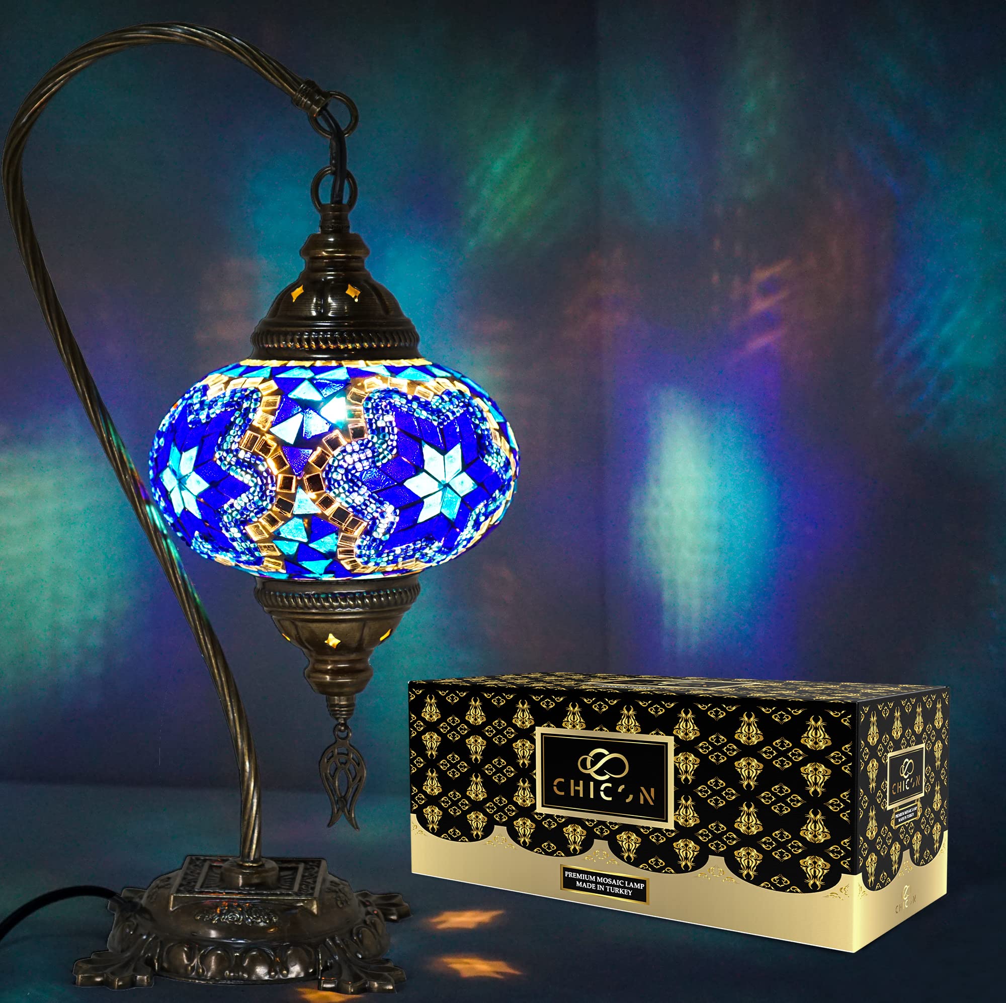 Handmade Mosaic Turkish Lamp - Genuine Glass Tiffany Style Boho Table Lamp with Swan Flower Blue Design | Perfect for Living Room, Bedroom Decor & Moroccan Themed Home Accessories