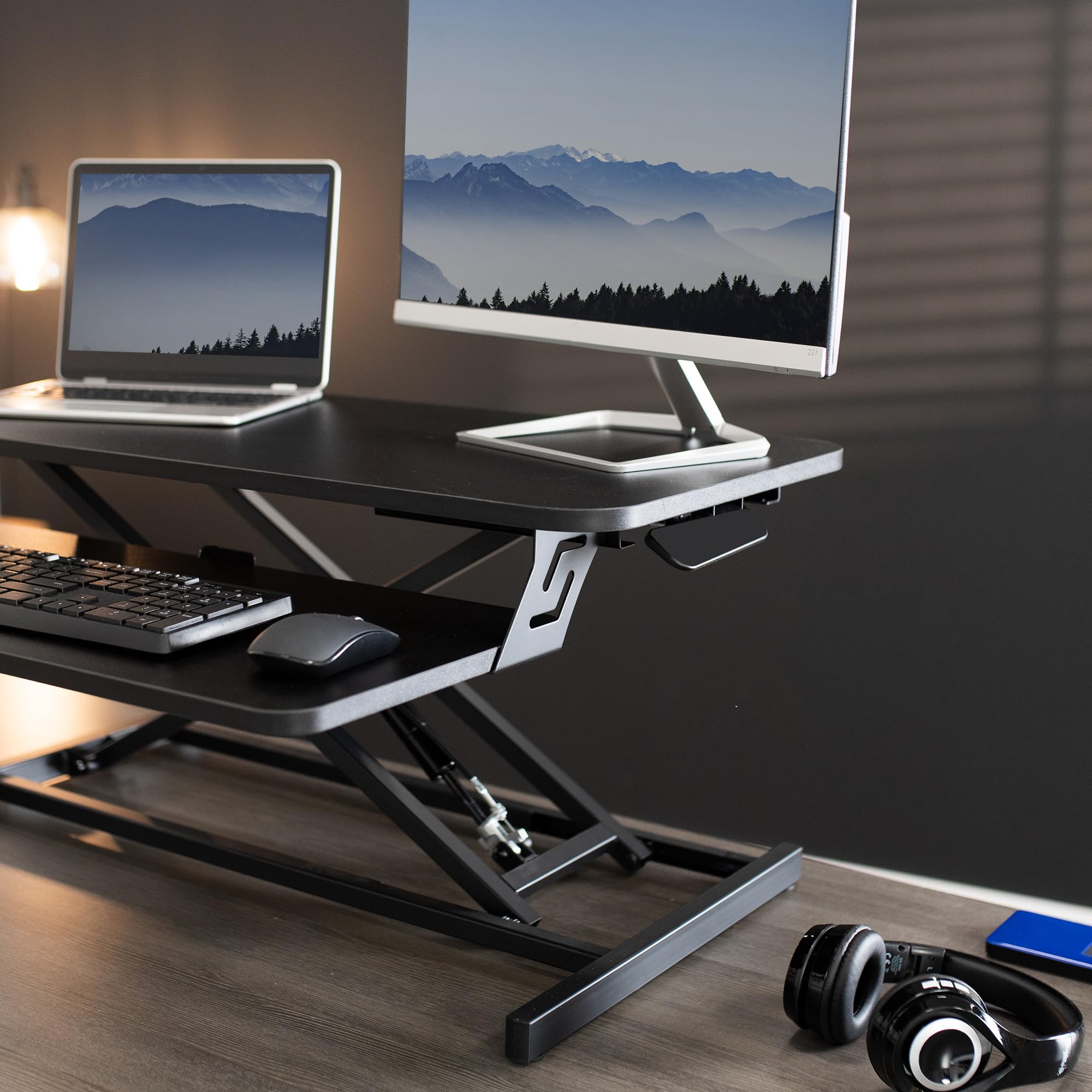 VIVO 32 Inch Adjustable Height Stand Up Desk Converter - Quick Sit to Stand Workstation with Dual Monitor Riser, Black (DESK-V000S) - Perfect for Home Office, Gaming & Ergonomic Workspace Setup