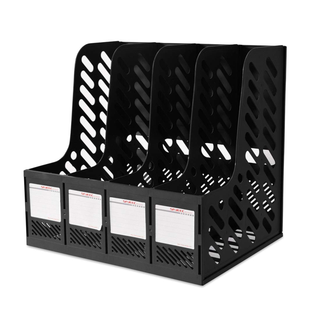 SAYEEC 4 Compartment Plastic File Organizer with Blank Labels - A5 Notebook Storage, Magazine Holder, Desktop File Frame for Office, Work & Study - Perfect for Desk Organization, Document Sorting & Stationery Storage