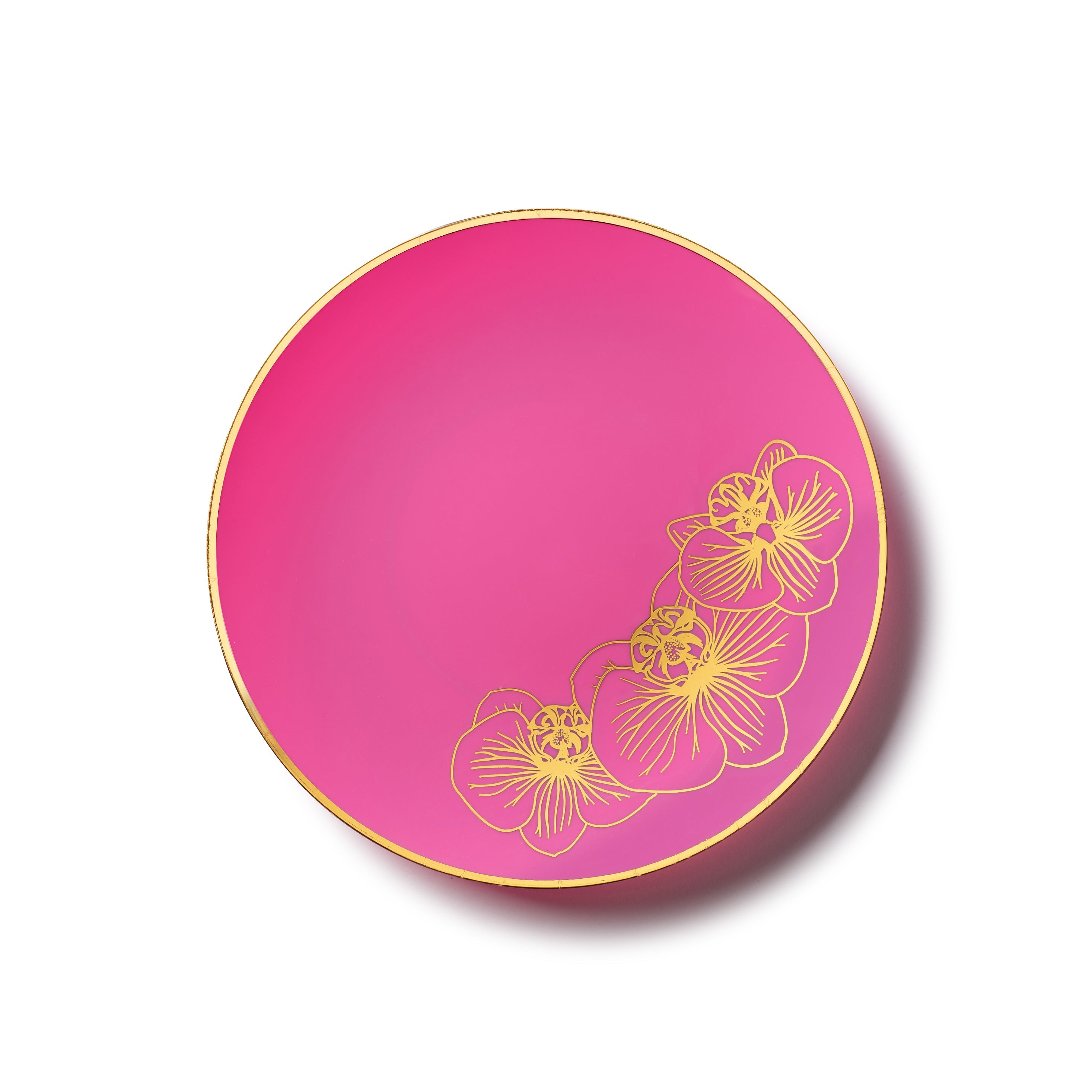 Fuchsia and Gold Round Plastic Plates for Parties, Weddings & Events - Elegant Disposable Dinnerware for Orchid Themed Celebrations