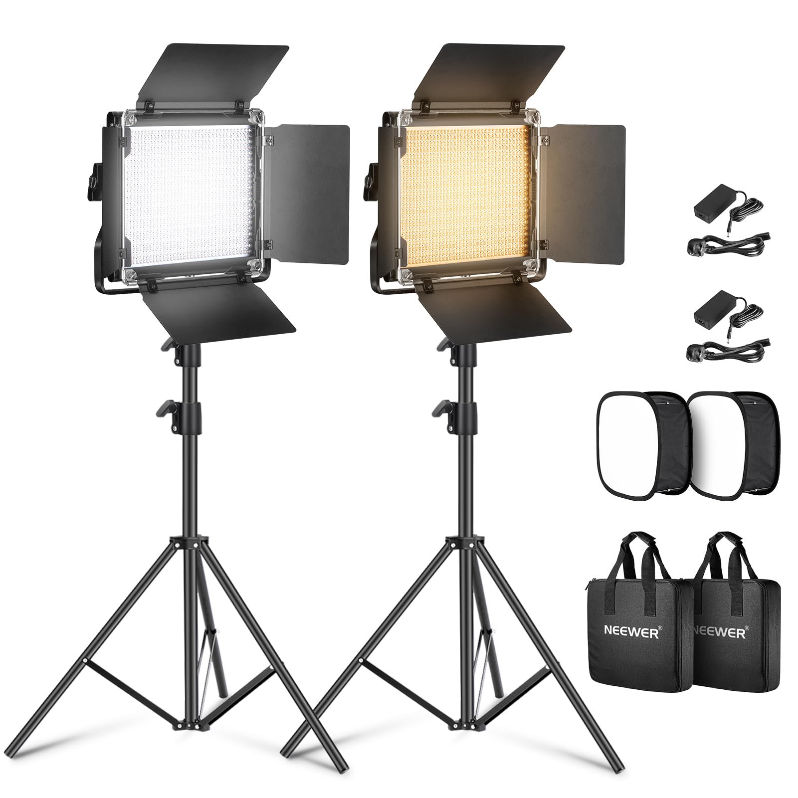 NEEWER 2 Pack Bi-color 660 LED Video Light Kit with Stands - (2) 3200-5600K CRI 96+ Dimmable Photography Lights, U Bracket, Barndoors, Softbox Diffusers & 75