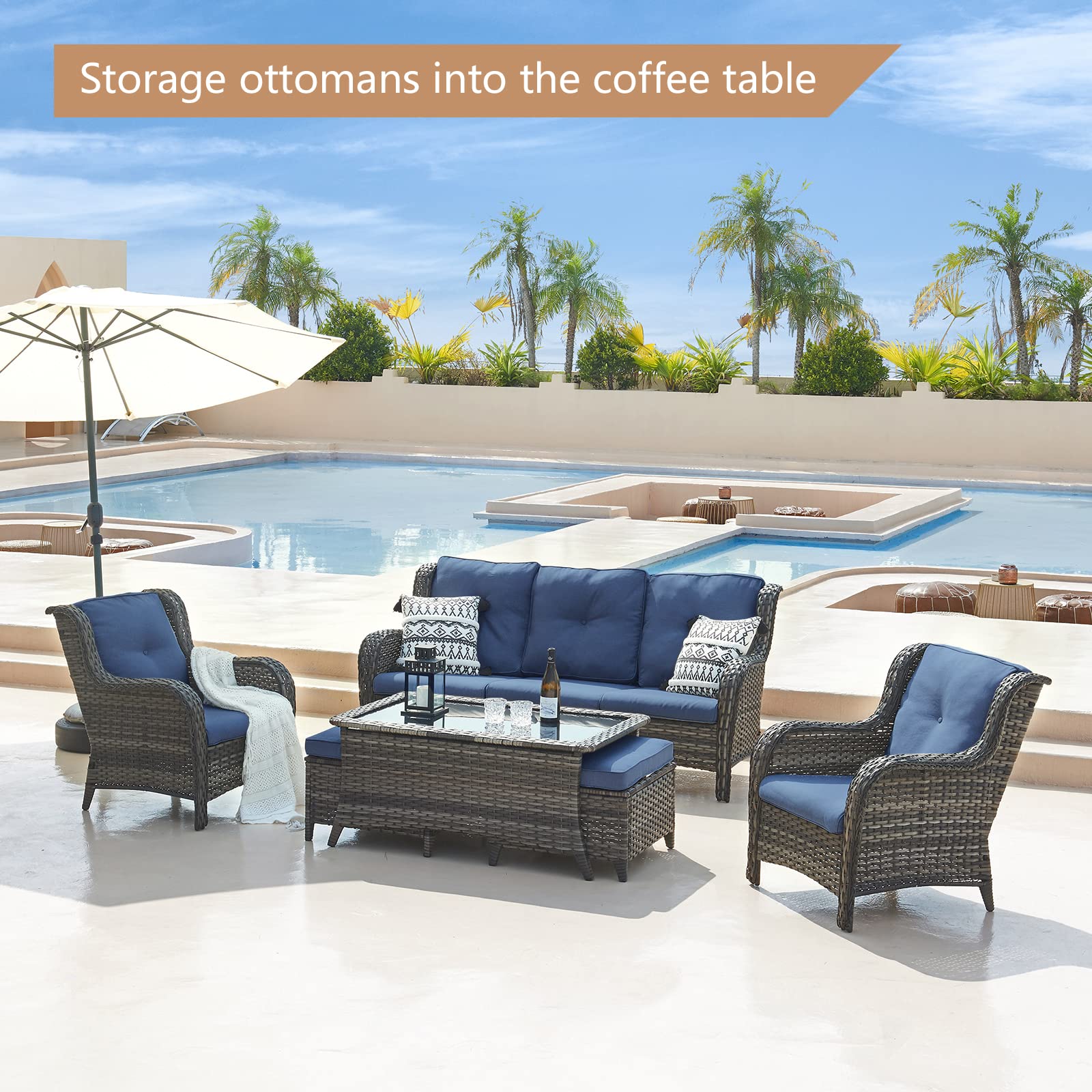 6-Piece Outdoor Patio Wicker Furniture Set - Rattan Sectional Sofa with 3-Seat Couch, 2 Armchairs, 2 Ottoman Footrests & Glass Top Coffee Table - Grey/Blue - Perfect for Backyard, Garden, Poolside & Outdoor Conversations