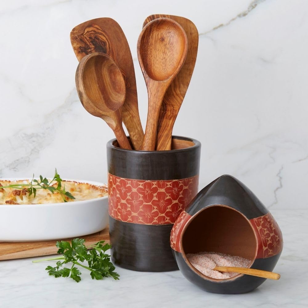 Black Rust Flower Terracotta Utensil Holder & Salt Cellar Set - Vintage Kitchen Organizer for Spoons, Forks & Seasonings - Perfect for Farmhouse, Rustic & Boho Home Decor