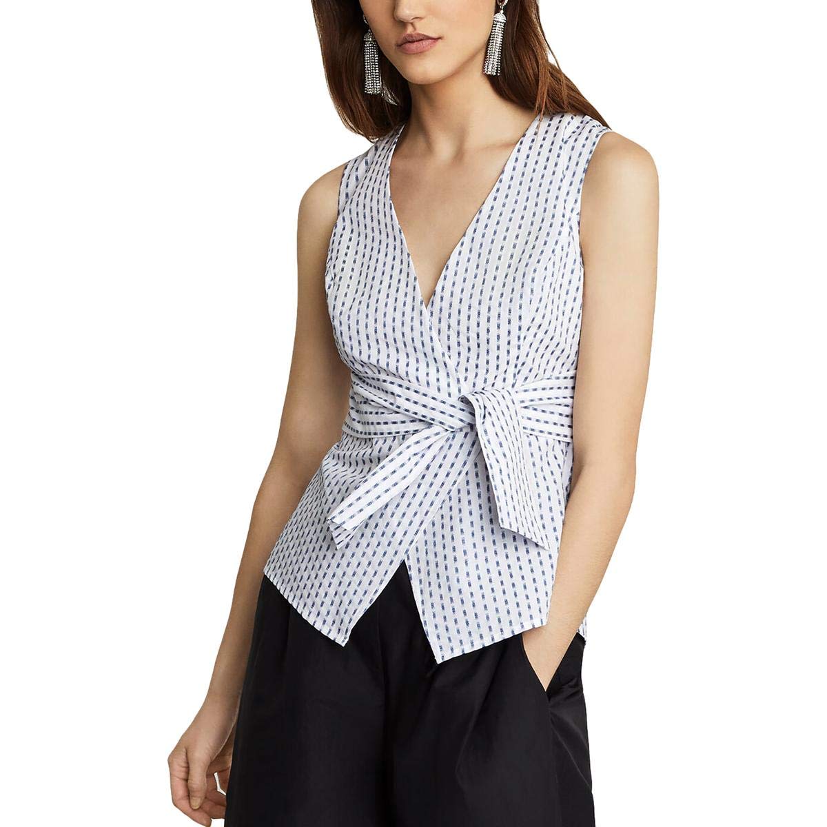 BCBGMAXAZRIA Women's Ikat Stripe Faux Wrap Top - Stylish Casual Blouse for Work, Date Night & Everyday Wear