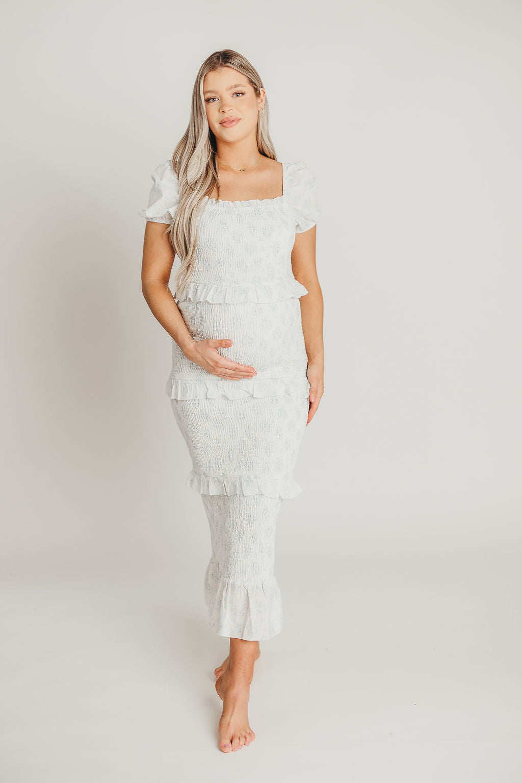 Ada Smocked Dress in Blue Floral - Bump Friendly Maternity Dress with Inclusive Sizing (S-3XL) | Perfect for Baby Showers, Bridal Events & Summer Weddings