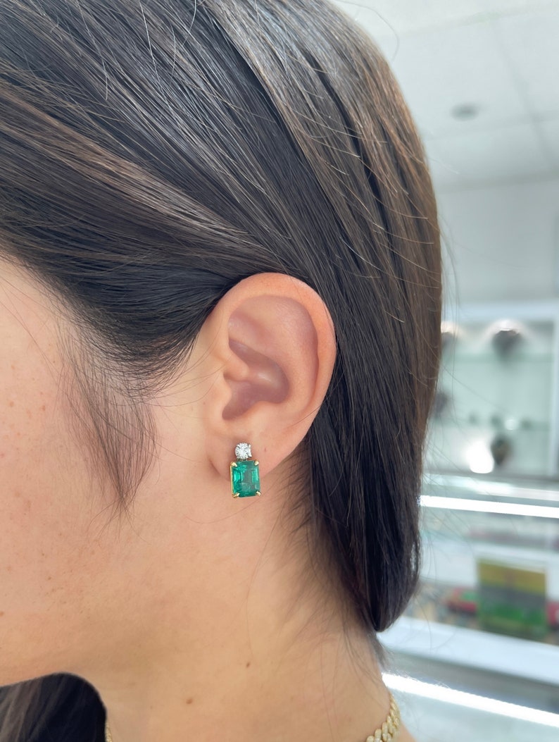 7.20tcw 18K Gold AAA Natural Emerald Cut & Round Diamond Stud Earrings - Vivid Sea Deep Bluish Green Two-Tone Jewelry for Women, Perfect for Weddings, Parties & Special Occasions