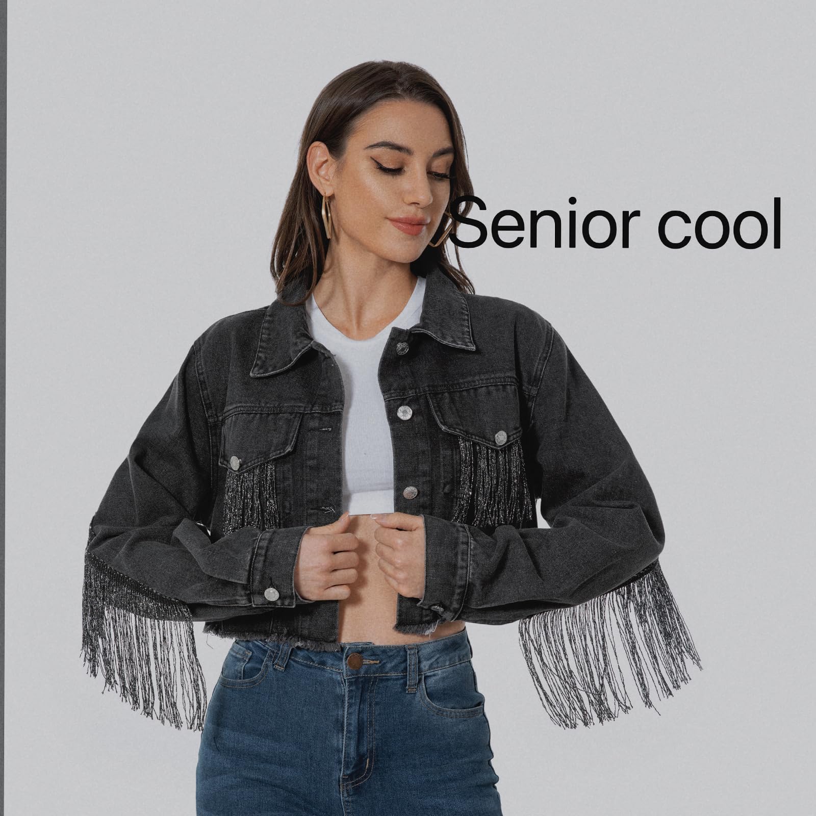 Distressed Cropped Denim Jacket for Women - Rhinestone & Fringe Embellished Long Sleeve Jean Coat | Perfect for Casual Outfits, Music Festivals & Boho Chic Style