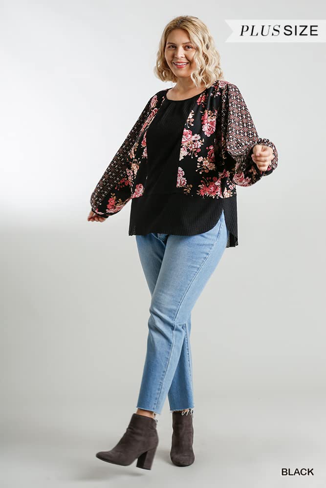 Umgee USA Women's Mixed Print Long Puff Sleeve Waffle Knit Top - Stylish Casual Blouse for Fall & Winter | Perfect for Office, Date Night & Weekend Outfits