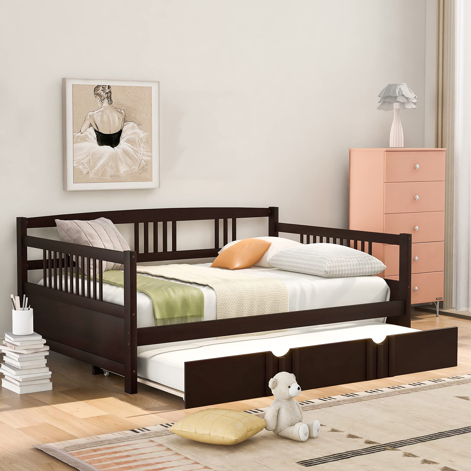 Wooden Twin Daybed Frame with Trundle - Full Size Daybed with Sturdy Wooden Slats Support - Convertible Sofa Bed with Safety Rails (Espresso Finish) - Perfect for Guest Rooms, Small Spaces & Dormitories