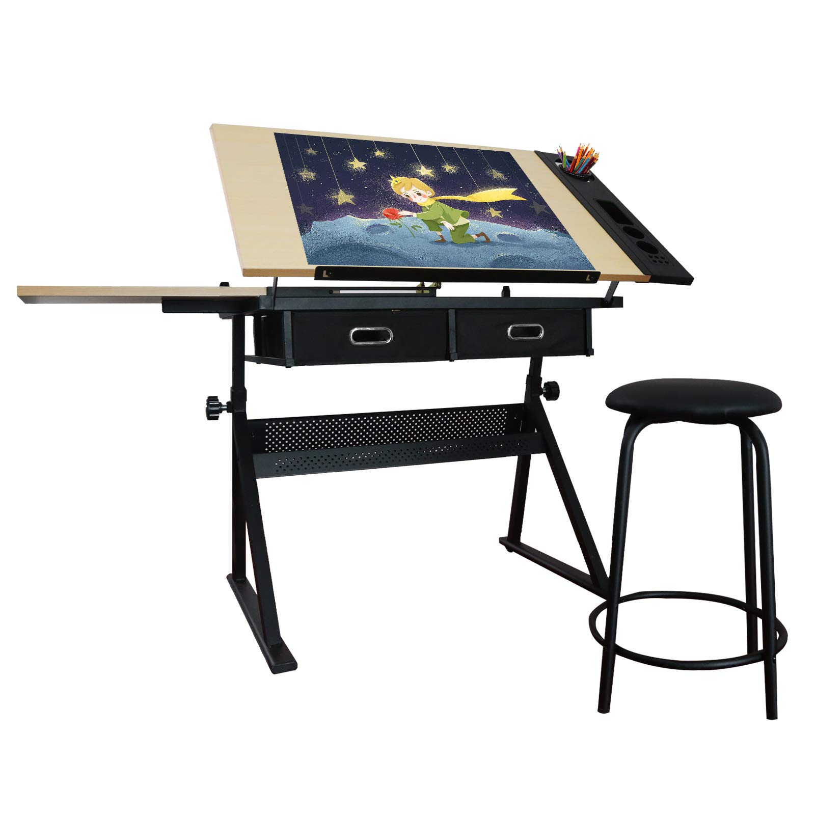 MIADOMODO® Adjustable Drawing Table with Stool, Wheels & 2 Drawers - Reclinable Art Desk, Rolling Workstation, Height-Adjustable Drafting Table for Artists, Architects & Students - Perfect for Studio, Office & Home Use