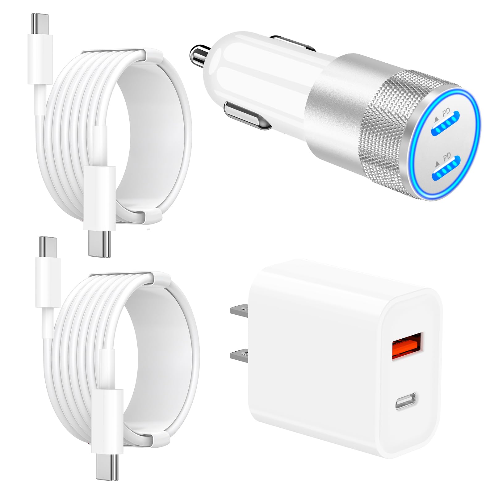 MFi Certified 20W PD Fast Car Charger for iPhone 16 Pro/16 Pro Max/15 Pro - Dual USB-C Ports with 2x6FT Cables & 72W Cigarette Lighter Adapter - Compatible with Galaxy/Pixel (Perfect for Road Trips & Daily Commuting)