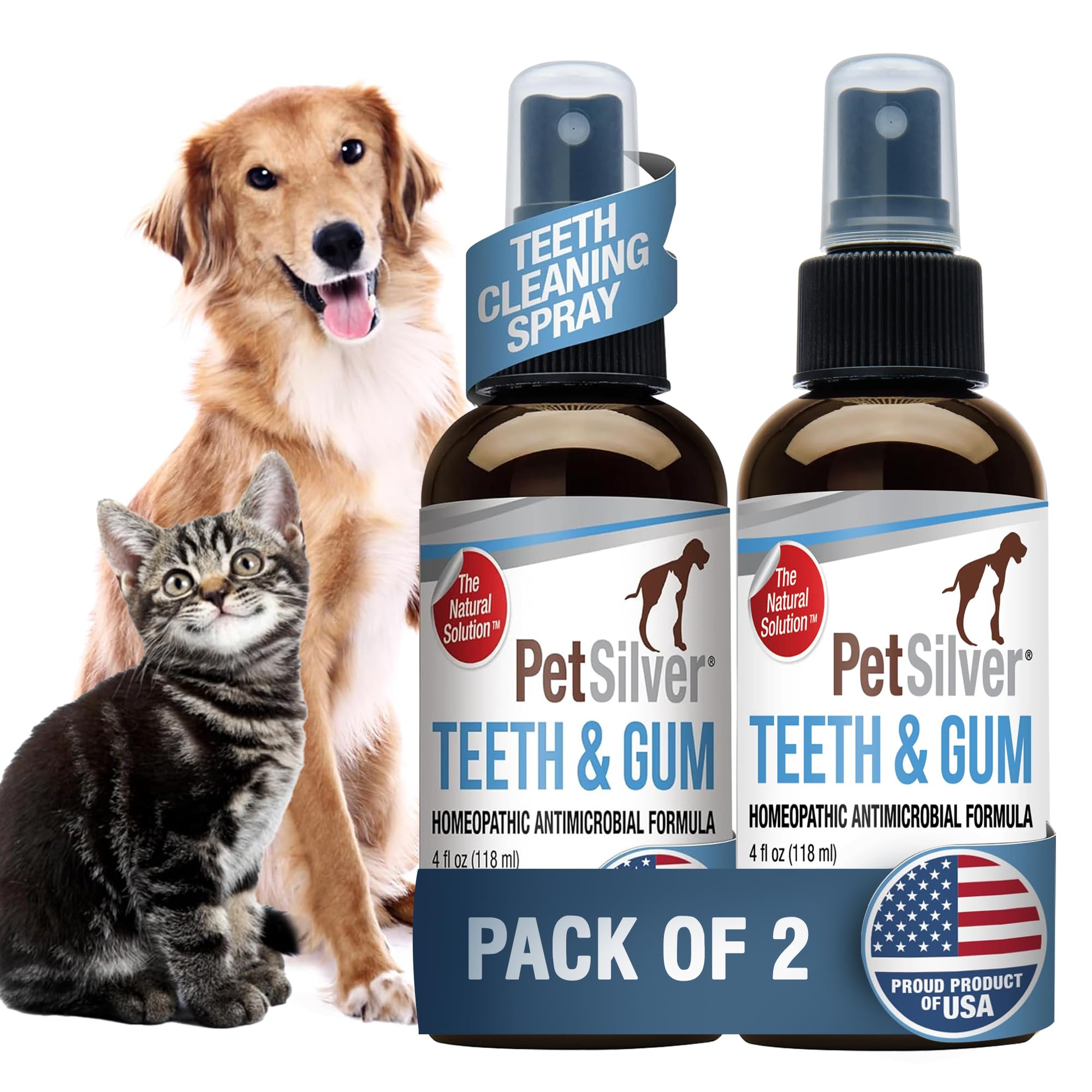 Pet Dental Care Spray for Dogs & Cats - Natural Teeth & Gum Cleaner with Patented Chelated Silver - Reduces Plaque & Tartar Build-Up - Fresh Breath Oral Hygiene Solution - Made in USA - 4oz, 2-Pack - Perfect for Daily Dental Care & Bad Breath Prevention