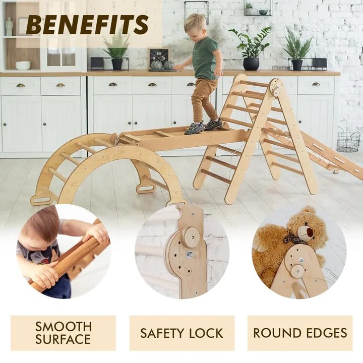 4 in 1 Montessori Indoor Climbing Set for Toddlers - Wooden Play Gym with Triangle Ladder, Arch, Climbing Ramp & Net - Baby Gym Climbing Frame for Kids Ages 1-7 (XL Size) - Perfect for Home Playroom, Daycare & Indoor Toddler Activities