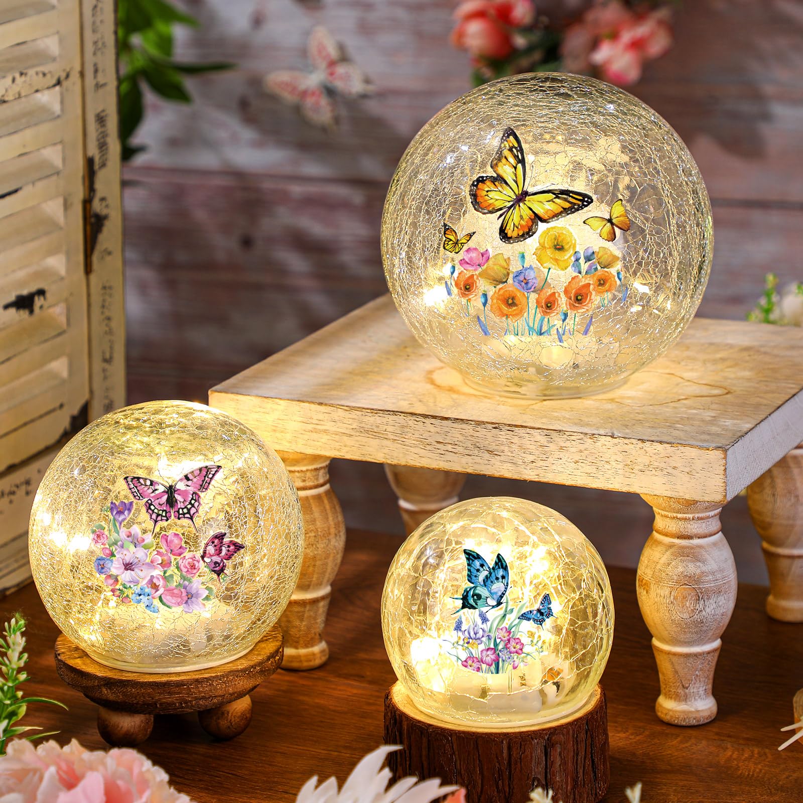 3-Piece Spring Butterfly Crackle Glass Ball Lights - LED Butterfly Globe Lamp for Home Decor, Indoor Tabletop Night Light, Romantic Bedroom & Living Room Decoration