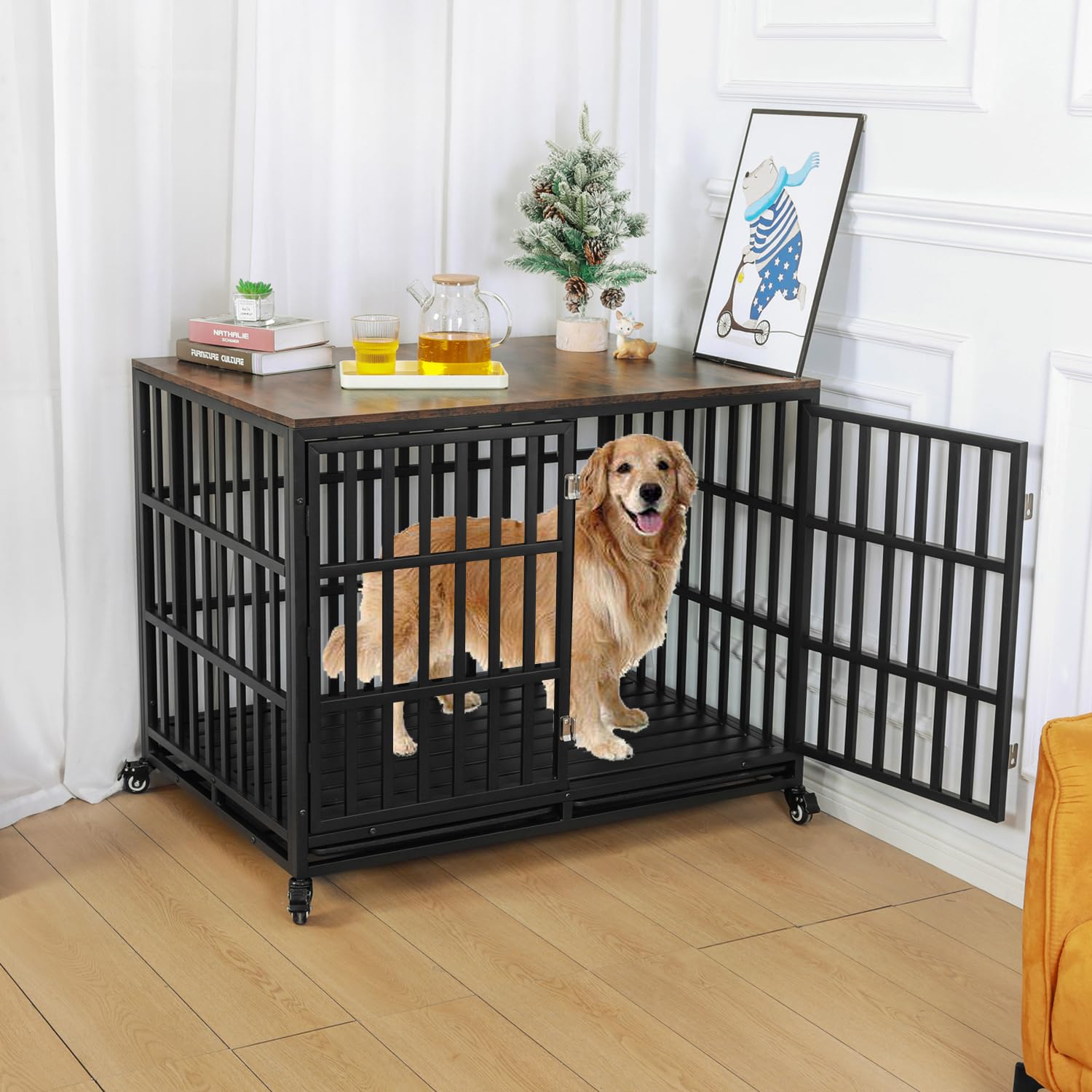 42'' Heavy Duty Rustic Wooden Dog Crate Furniture - Escape Proof Kennel Cage for Medium & Large Dogs with Wheels & Removable Tray | Indoor Pet House, Decorative End Table | Perfect for Living Rooms, Bedrooms & Home Offices
