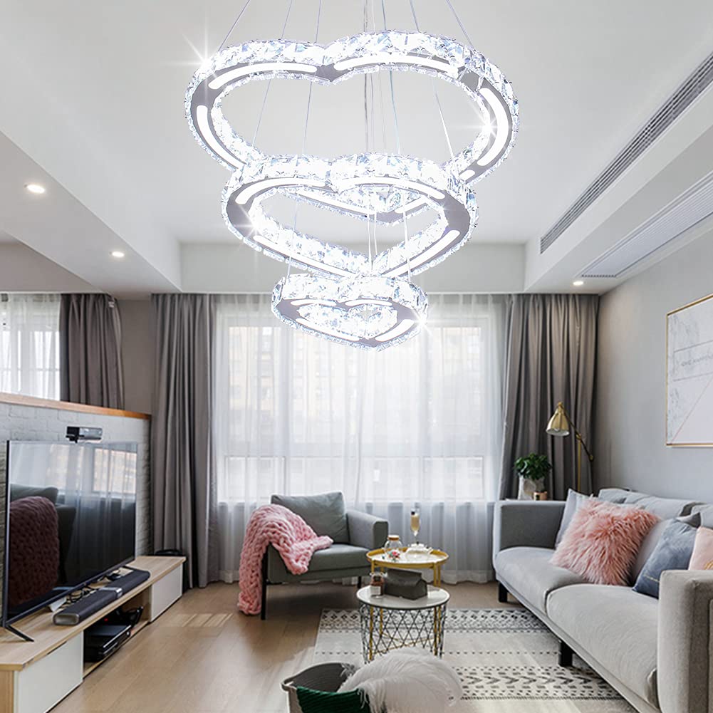 Modern Crystal Chandelier - 3 Ring Heart-Shaped LED Ceiling Light Fixture with Adjustable Stainless Steel Hanging Pendant - Perfect for Living Room, Bedroom, Restaurant, Porch & Wedding Decor