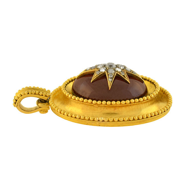 Victorian Style 15kt Gold Garnet Cabochon Diamond Starburst Locket Pendant Necklace - Elegant Antique Jewelry for Women, Perfect for Weddings, Anniversaries & Special Occasions