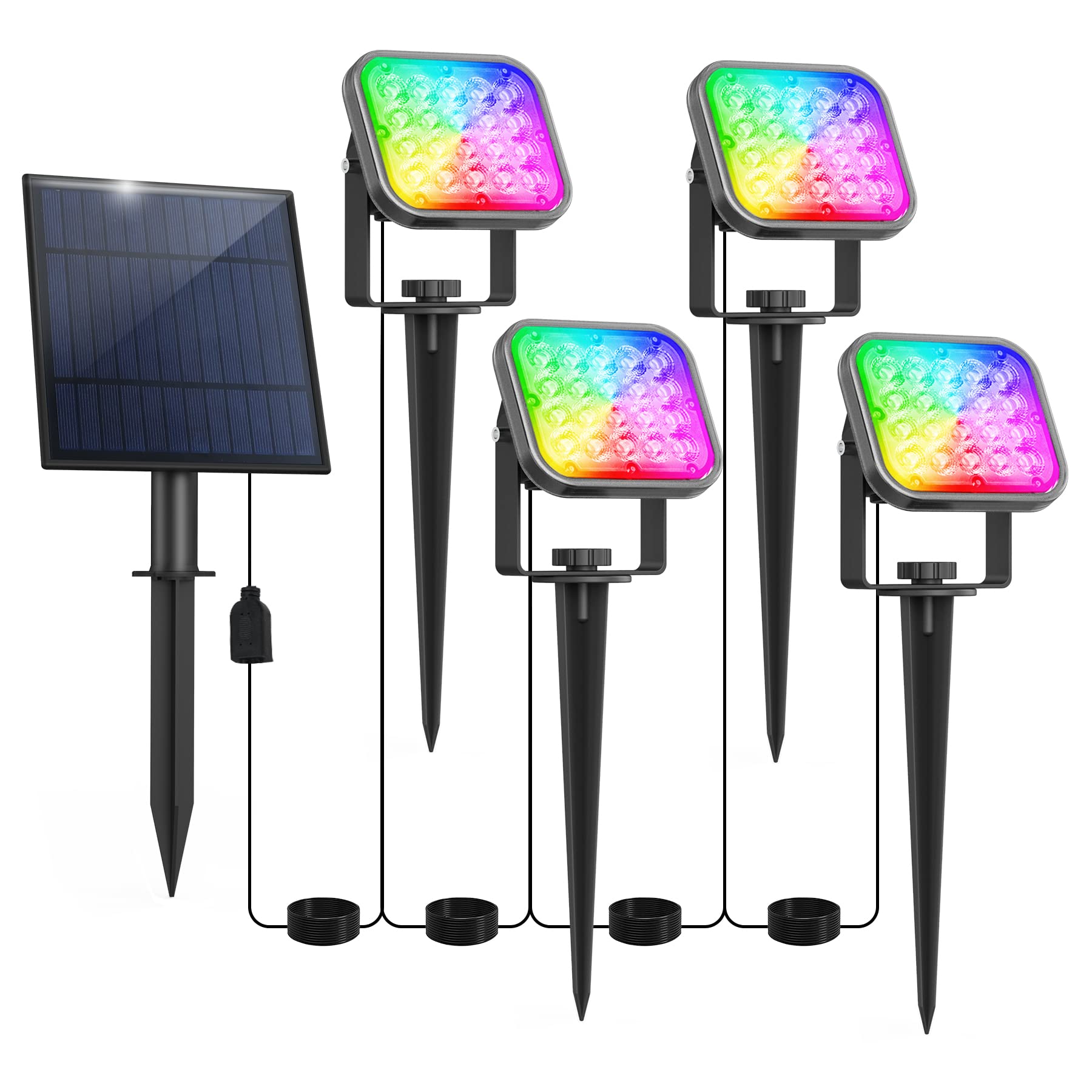 CREPOW 20 LED RGB Solar Spot Lights Outdoor, 39ft Cable Daisy Chain IP65 Waterproof Color Changing Landscape Lights for Garden, Yard, Porch, Trees - Auto On/Off & 4-in-1 Function (Perfect for Holiday Decorations & Pathway Lighting)