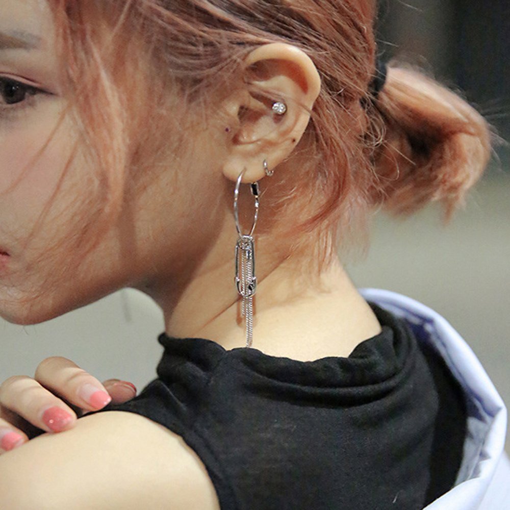 Stylish Long Tassel Asymmetric Safety Pin Chain Drop Earrings for Women & Men - Punk U-Shaped Dangle Earrings for Parties, Concerts & Gothic Fashion