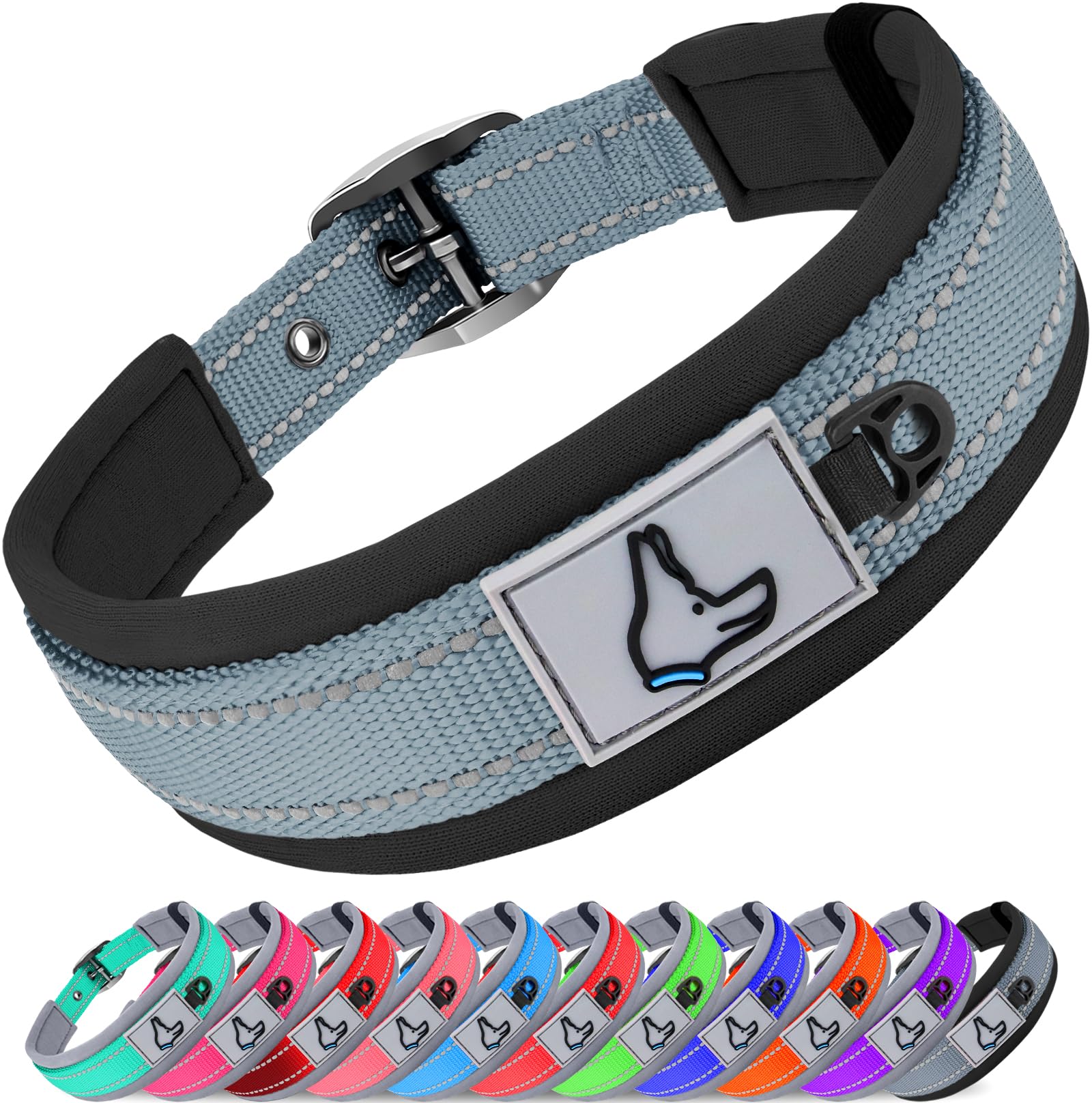Joytale Neoprene Padded Adjustable Reflective Dog Collar for Large Dogs - Heavy Duty Pet Collar with Durable Metal Buckle for Walking, Training & Outdoor Adventures (Gray, Large)