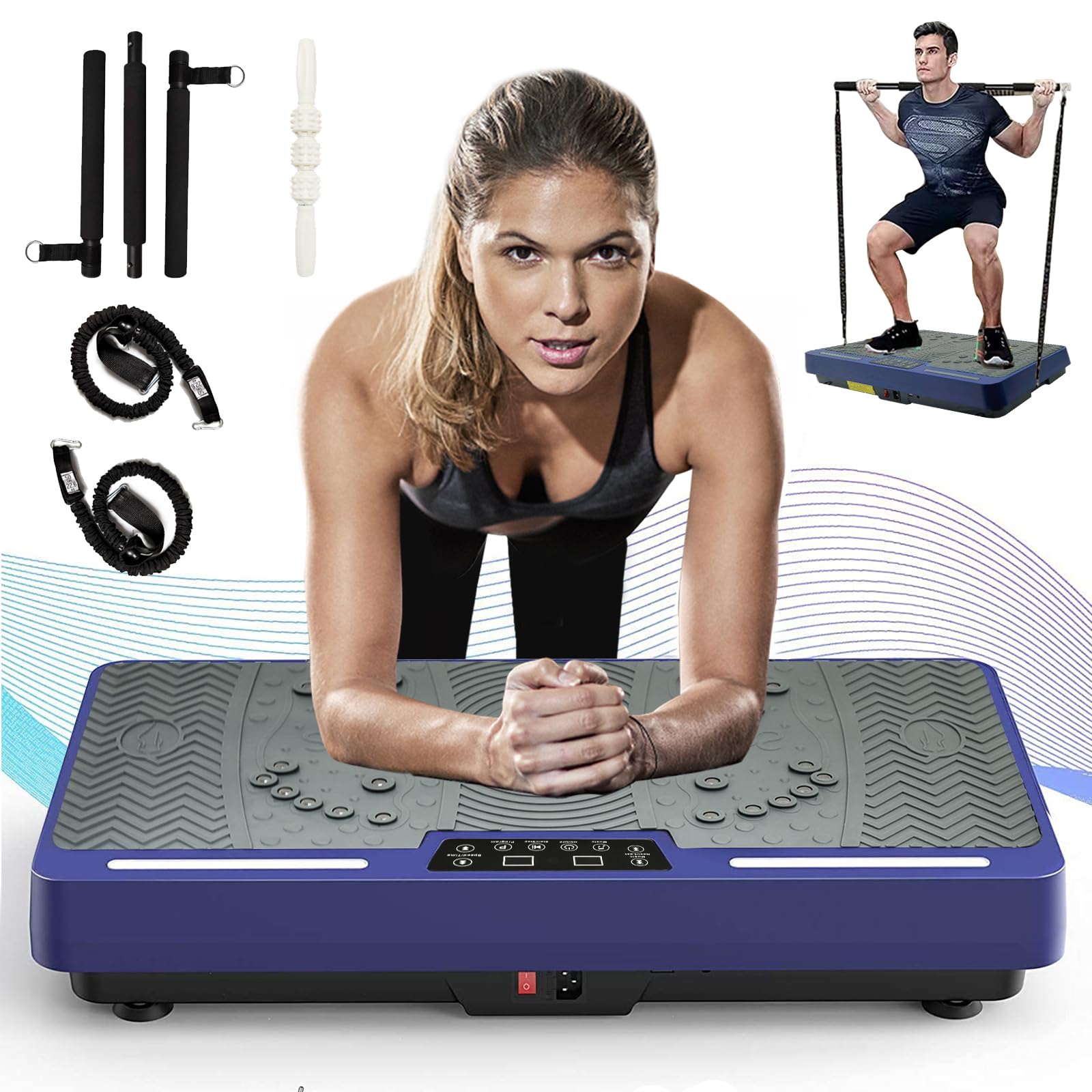 Vibration Plate Exercise Machine for Weight Loss & Full Body Workout - Home Fitness Platform with Lymphatic Drainage, Pilates Bar & Resistance Bands (Includes Remote) - Perfect for Home Gym, Physical Therapy & Post-Workout Recovery