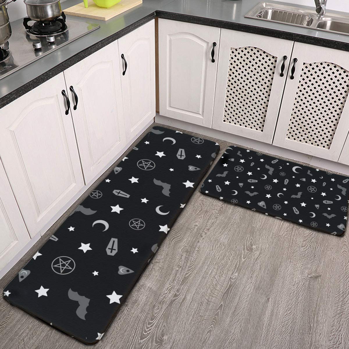 Gothic Occult Kitchen Rug Set - 2 Piece Washable Non-Slip Mats for Indoor & Outdoor Use - Perfect for Kitchen, Entryway, Laundry Room, and Bathroom Floor Protection