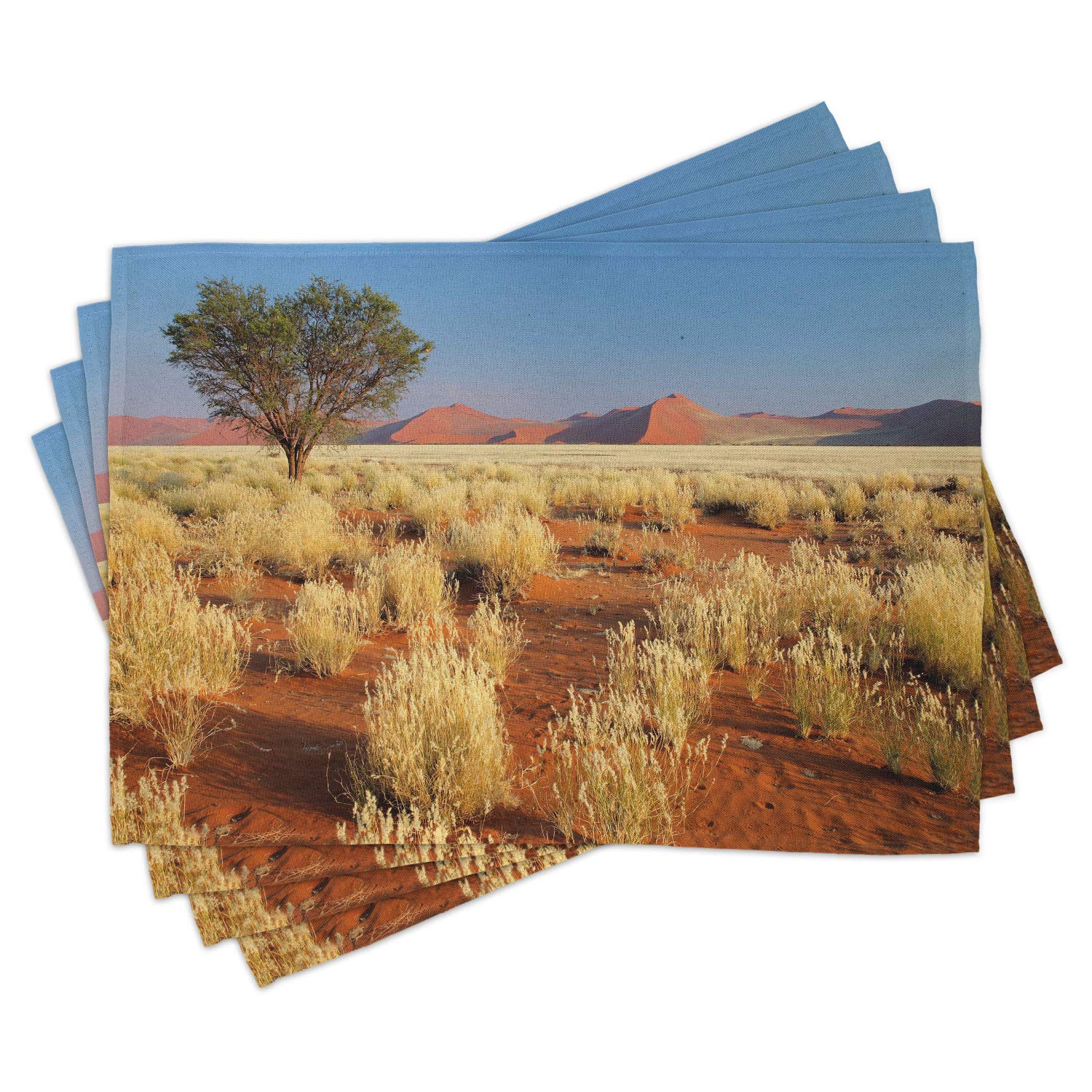 Ambesonne 4-Pack Landscape Place Mats - Tree & Desert Sossusvlei Namibia Africa Photo Print, Washable Fabric Dining Table Mats (Standard Size, Sky Blue & Marigold) - Perfect for Home Decor, Dinner Parties & Outdoor Picnics