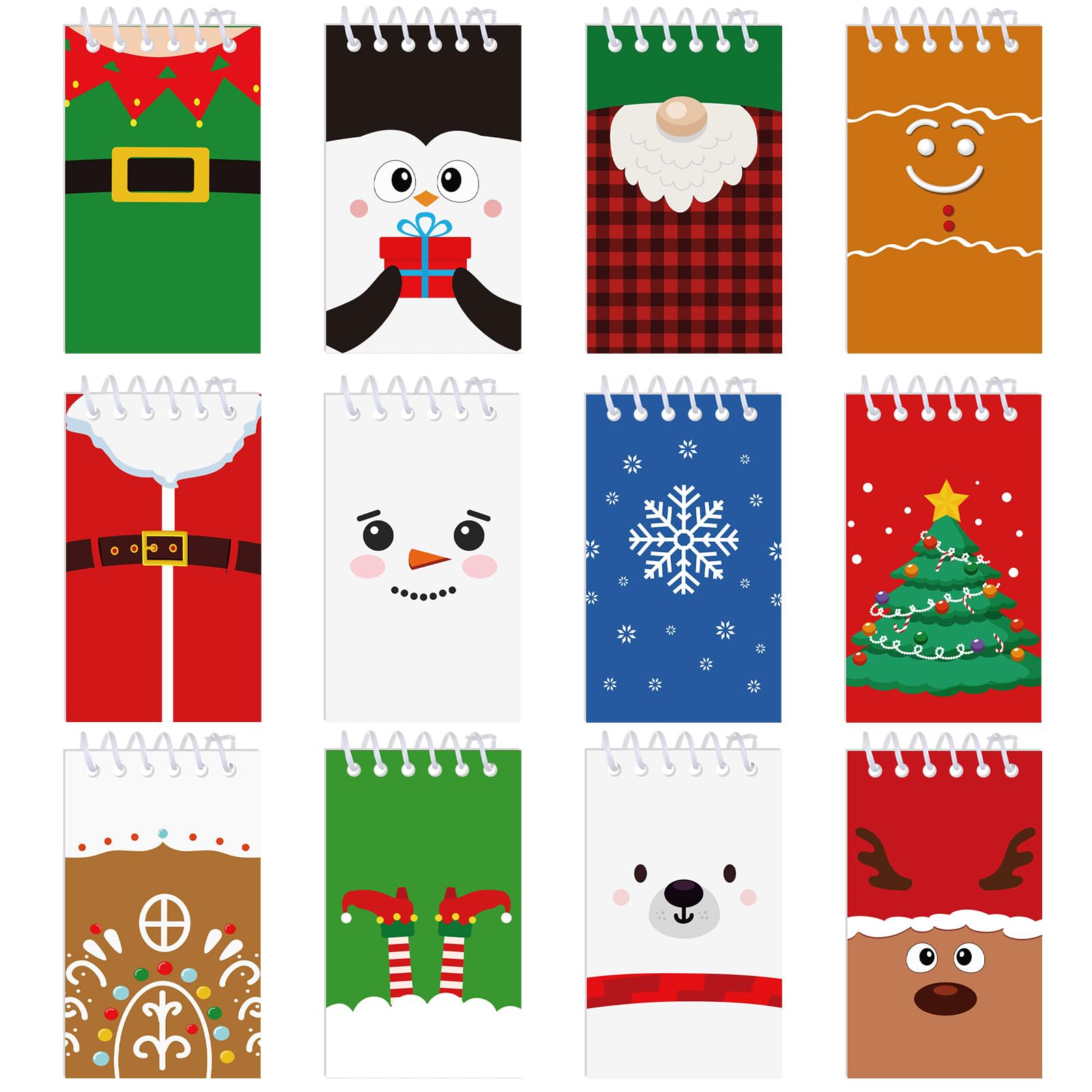 12 Pack Mini Christmas Notepads - Holiday Spiral Notebooks with Elk & Santa Designs - Lined Memo Pads Bulk for Stocking Stuffers - Perfect for Christmas Gifts, Xmas Party Supplies & Office/Home Use (12 Styles)