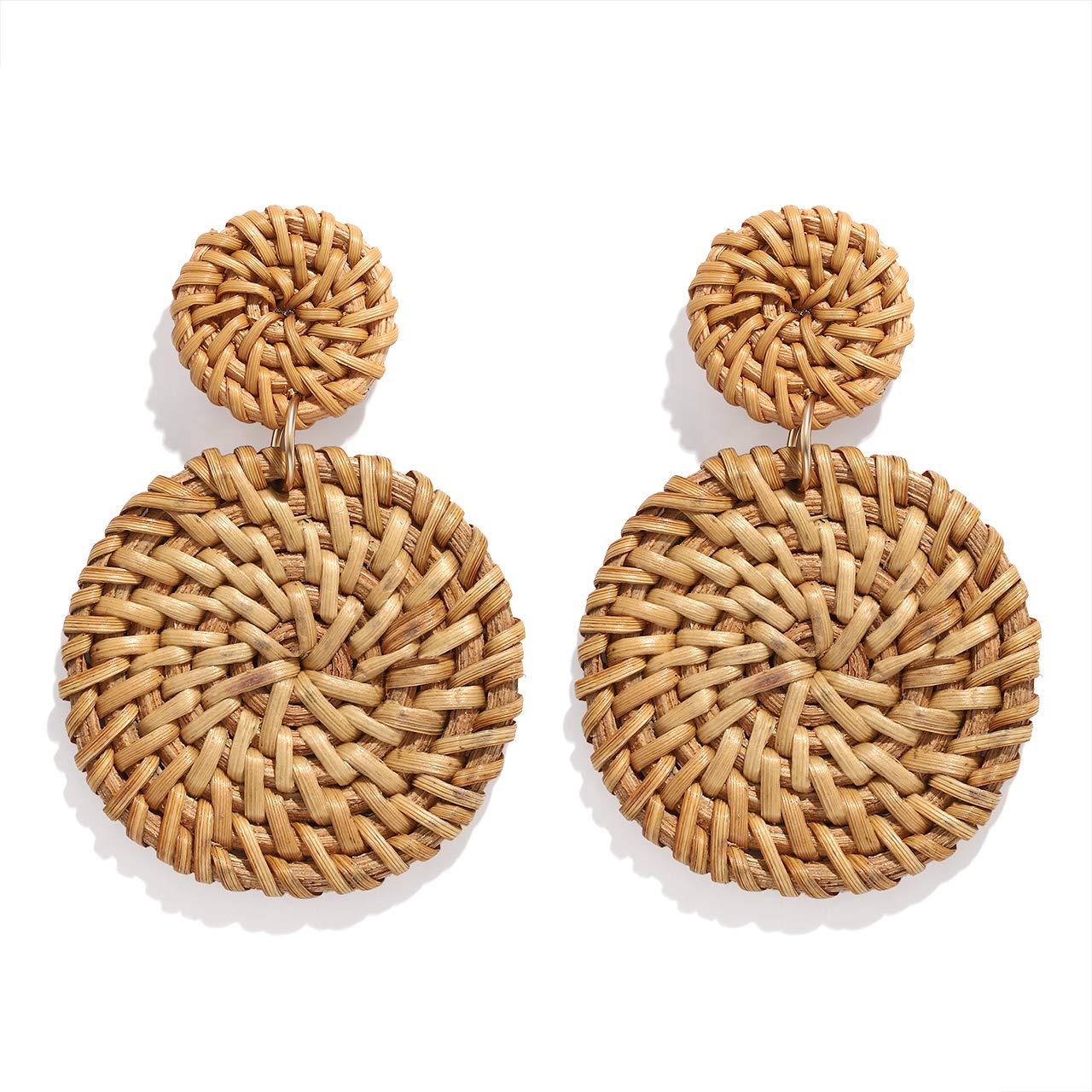 Handmade Rattan Earrings for Women - Lightweight Woven Straw Drop Hoop Earrings with Wicker Disk Stud | Boho Chic Statement Jewelry for Summer, Beach, and Casual Outfits