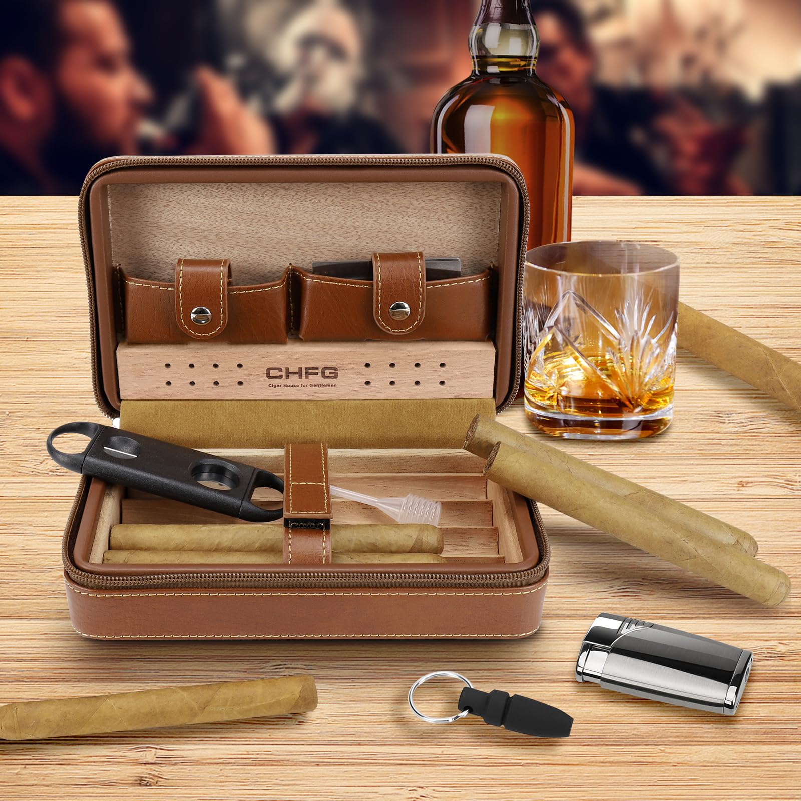 Premium Leather Cigar Case with Cedar Wood Lining - Travel Humidor for 4 Cigars, Includes Cigar Lighter Accessories Set - Perfect Gift for Men (Brown) | Portable Cigar Storage for Travel, Business & Outdoor Smoking