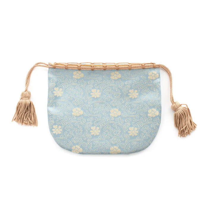 Nishijin Ori Small Drawstring Bag - Chrysanthemum & Peony Floral Design in Blue | Handmade Kyoto Japanese Traditional Craft Purse | Perfect for Gift, Cosmetics & Jewelry Storage
