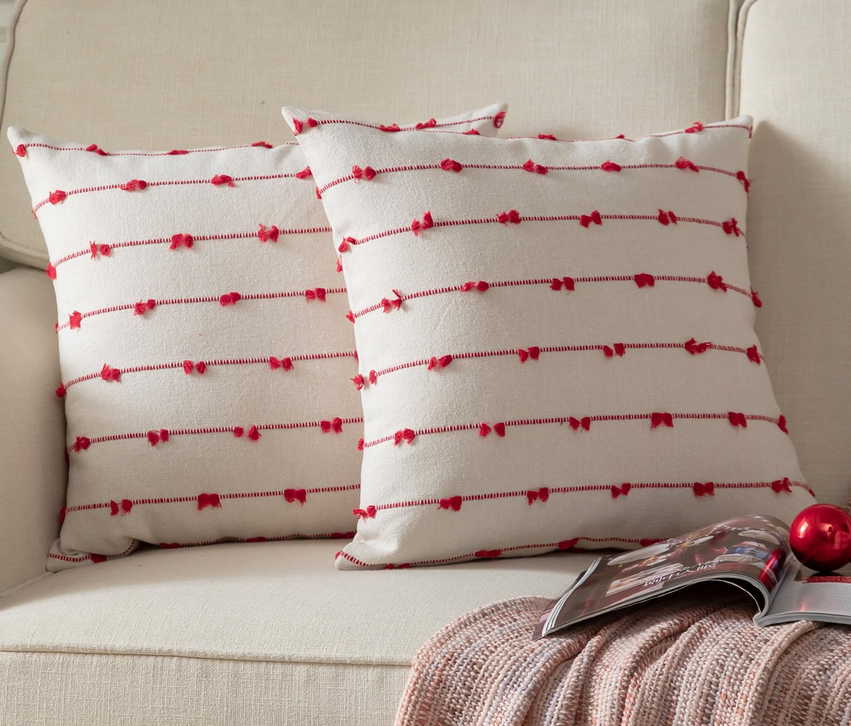 Boho Christmas Throw Pillow Covers 20x20 Inches - Set of 2 Beige and Red Modern Farmhouse Holiday Decorative Pillow Covers for Couch, Sofa, Bed, Living Room - Perfect for Holiday Home Decor and Cozy Winter Ambiance