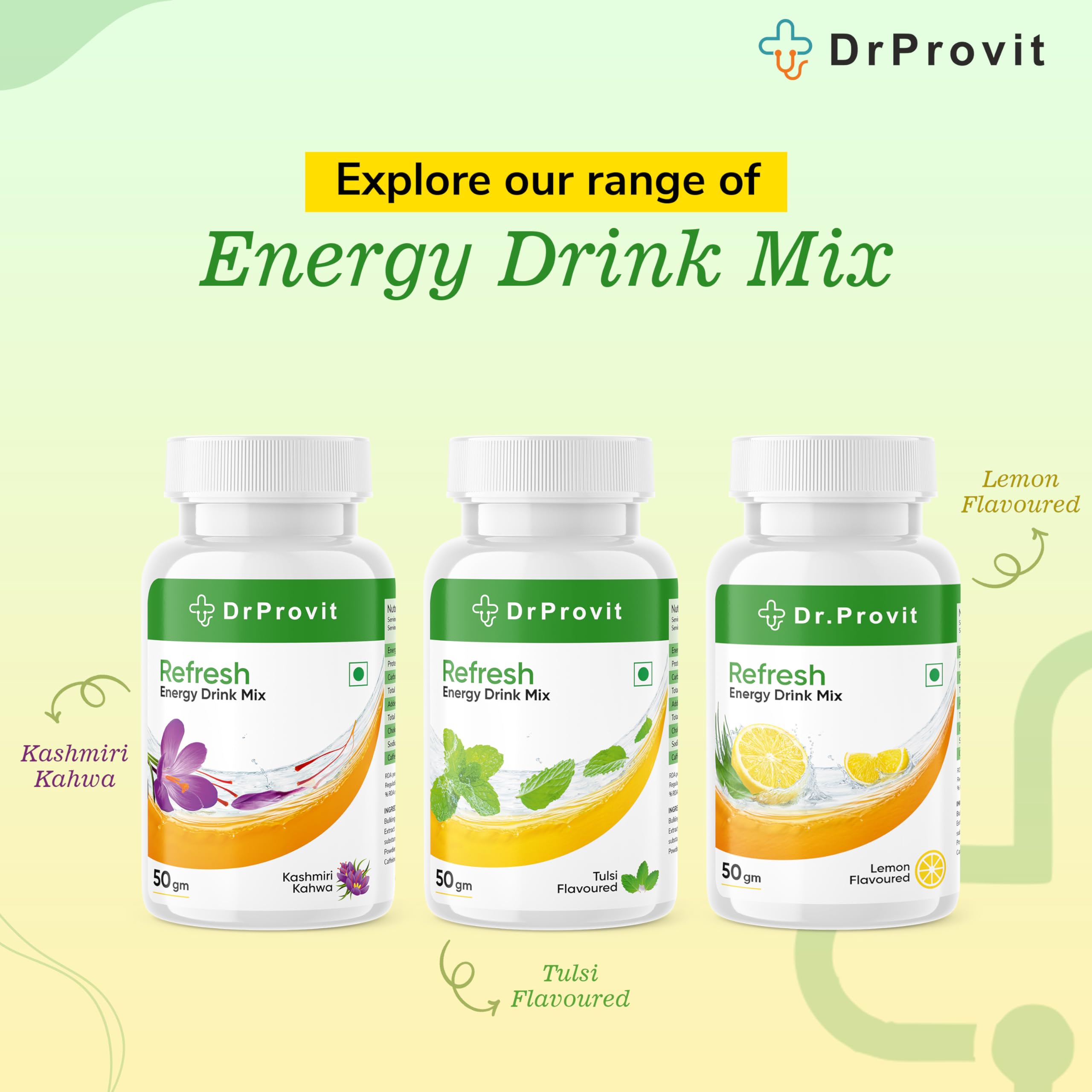 Dr.Provit Refresh Energy Drink Mix - 50 Servings, Kashmiri Kahwa Flavor (50g) | Boost Energy & Focus | Perfect for Workouts, Study & Travel