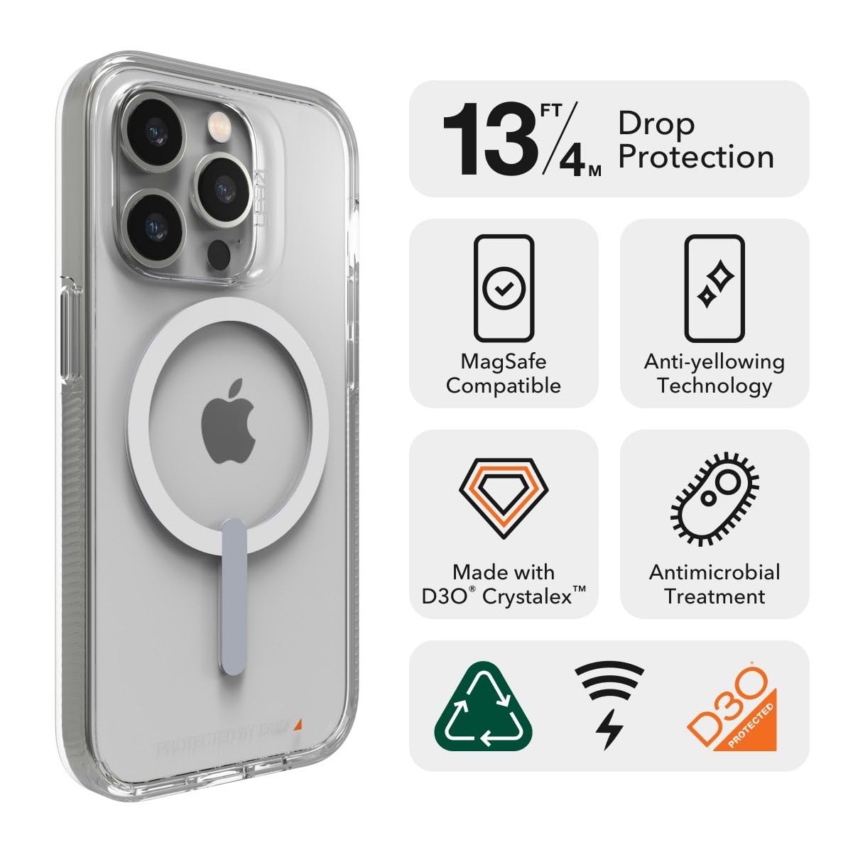 ZAGG Gear 4 Crystal Palace Snap D30 Protective Case for iPhone 14 Pro Max - Slim, Lightweight, Shockproof, MagSafe Compatible, Magnetic, Wireless Charging, Clear | Perfect for Everyday Protection & Wireless Charging Convenience