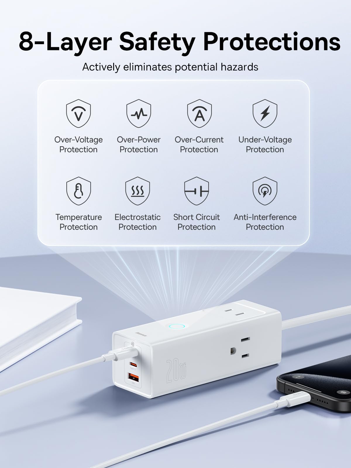Baseus Power Strip Surge Protector 1200J with PD20W USB C - 3 AC Outlets & 3 USB Ports Fast Charging Station | Extension Cord for Home Office Dorm Room | Perfect for Charging Laptops, Phones & Tablets Simultaneously