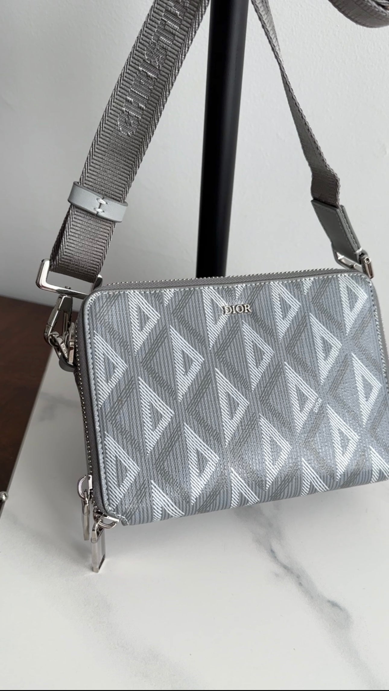 Christian Dior Grey Diamond Zip Crossbody Pouch Bag - Luxury Designer Shoulder Bag for Women | Perfect for Parties, Date Nights & Travel Accessories