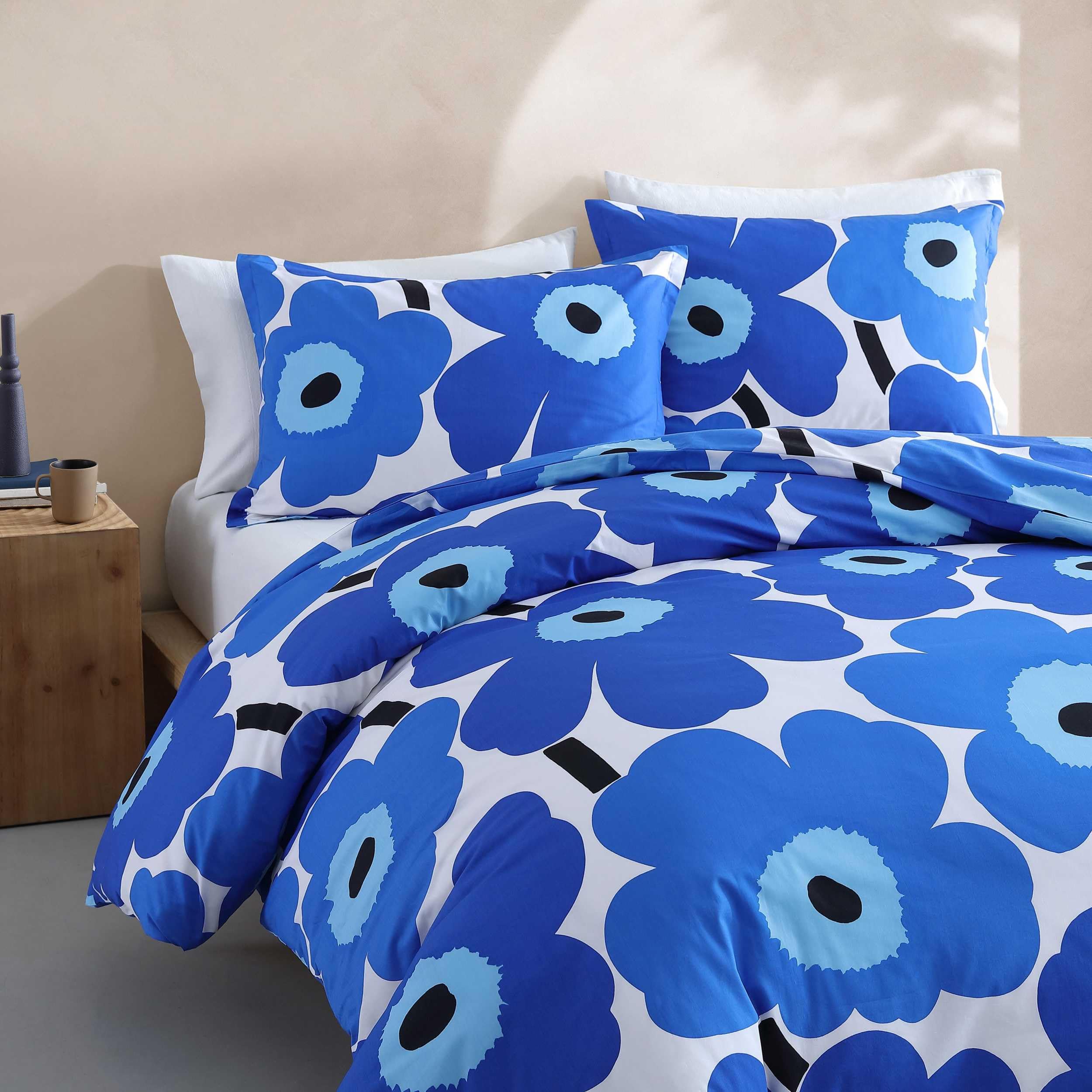 Marimekko King Comforter Set - 100% Cotton Percale Reversible Duvet Cover with Matching Shams, Floral Print Home Decor (Unikko Blue, King Size) for Master Bedroom & Guest Room Luxury Bedding