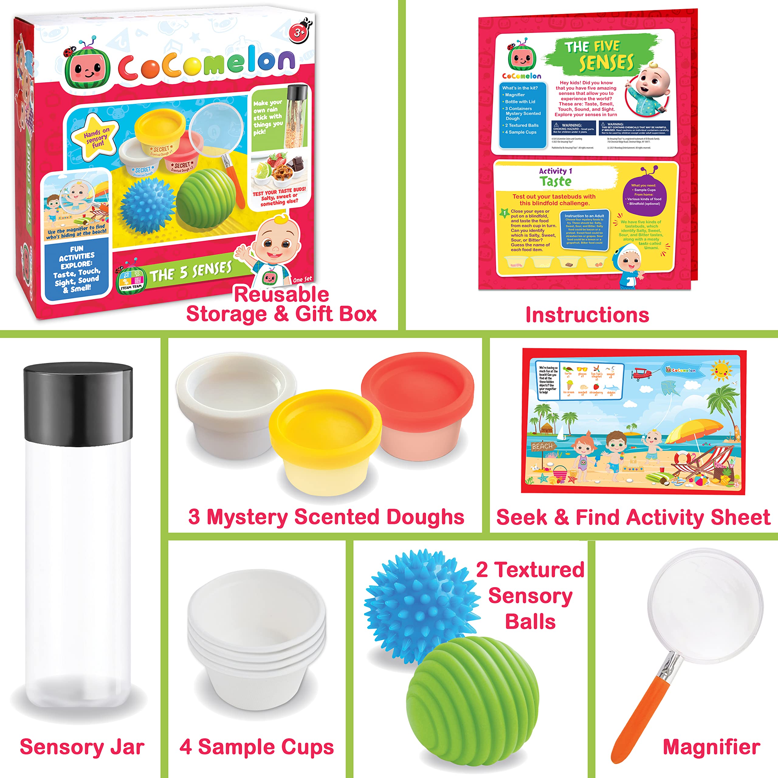 Cocomelon Kids Sensory Science Kit - 5 Fun STEM Learning Experiments with Scented Play Dough, Textured Sensory Balls & Magnifying Glass - Perfect for Preschool Learning, Birthday Gifts & Classroom Activities